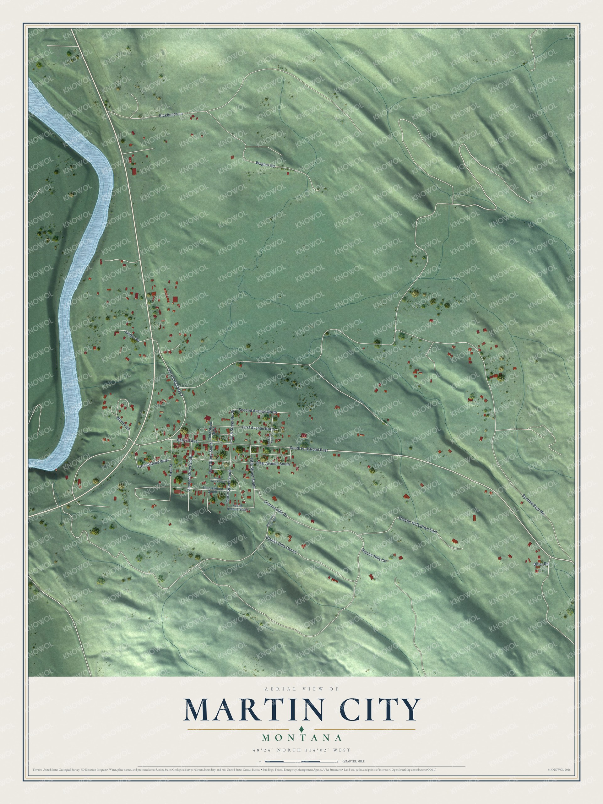 Full map of Martin City, Montana, with red buildings, printed street names and the land around them
