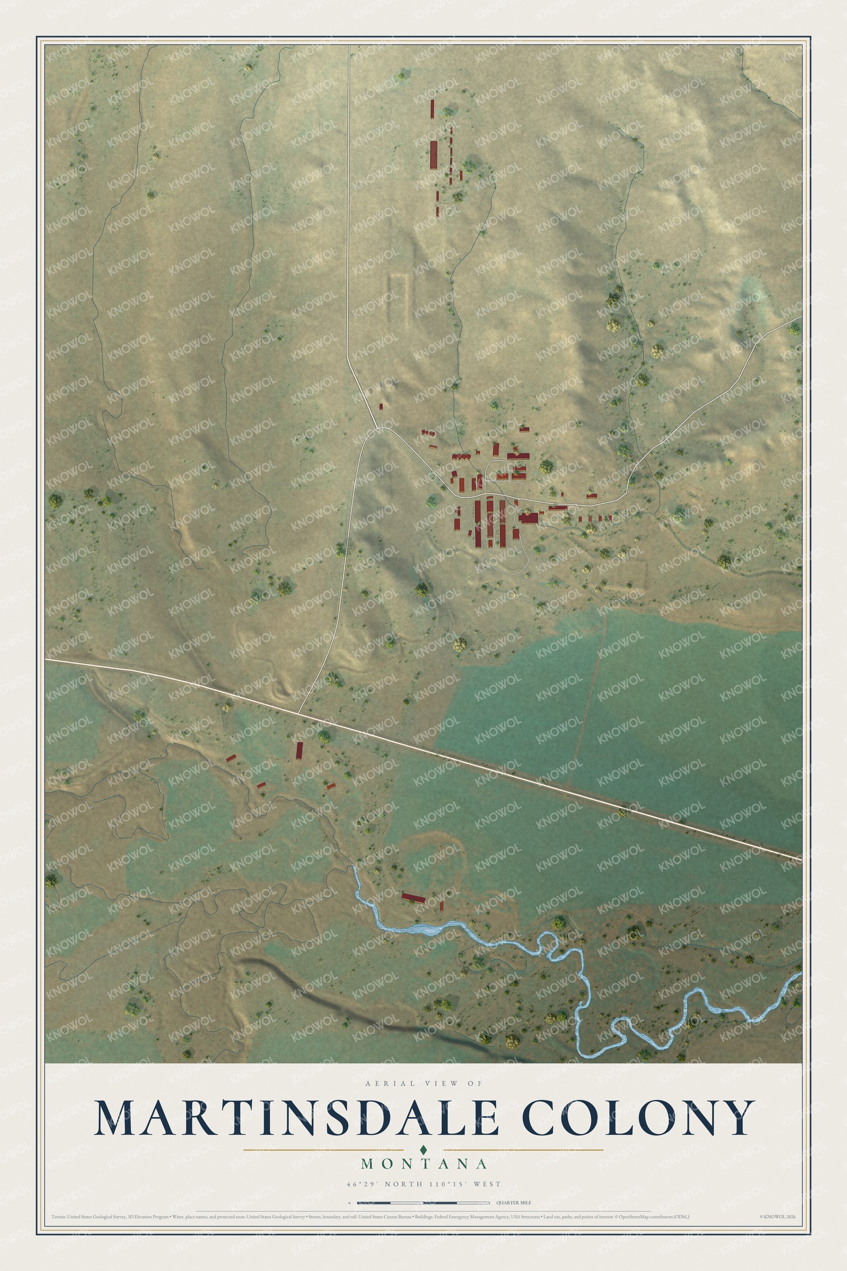 Full map of Martinsdale Colony, Montana, with red buildings, printed street names and the land around them