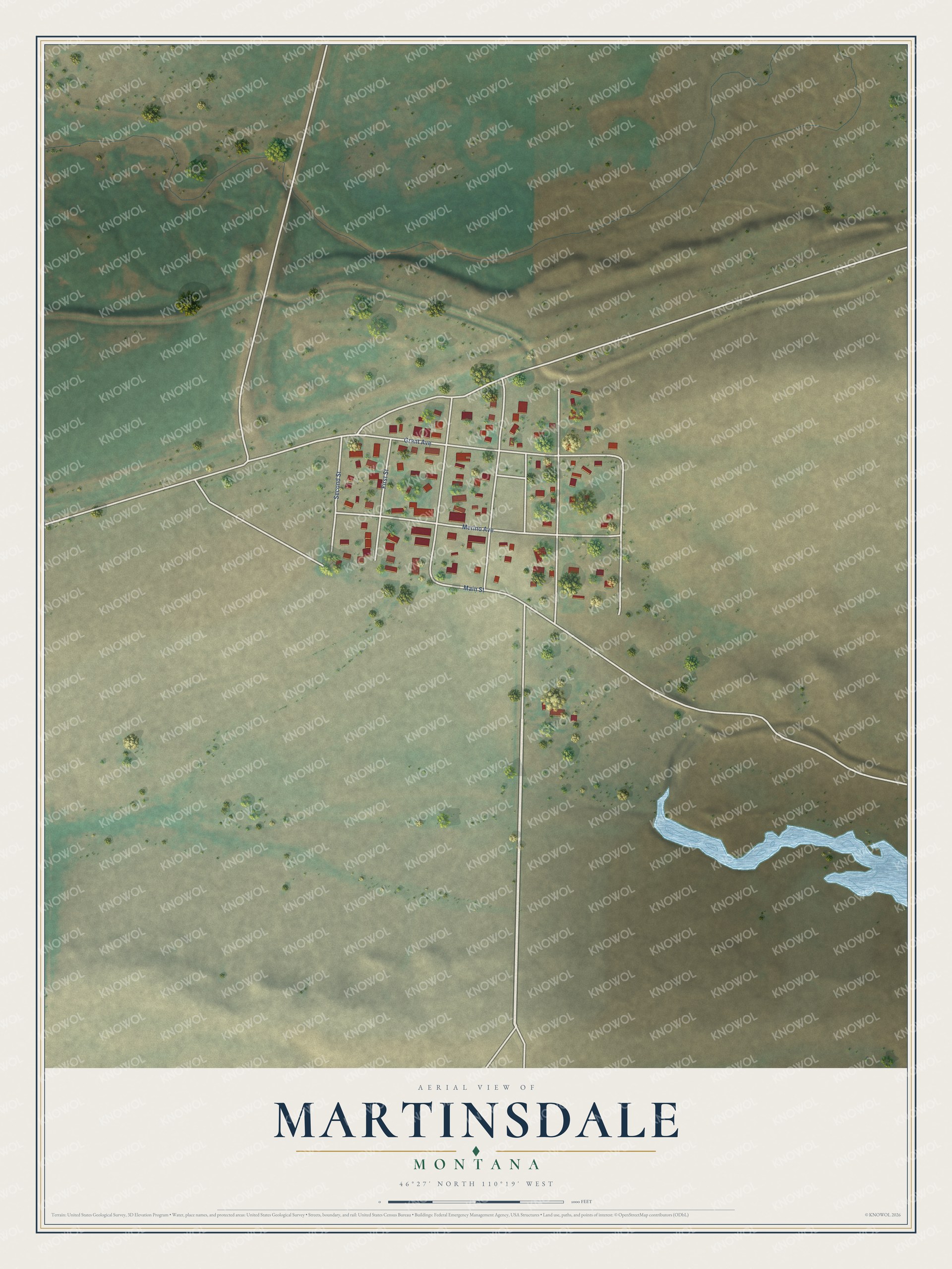 Full map of Martinsdale, Montana, with red buildings, printed street names and the land around them