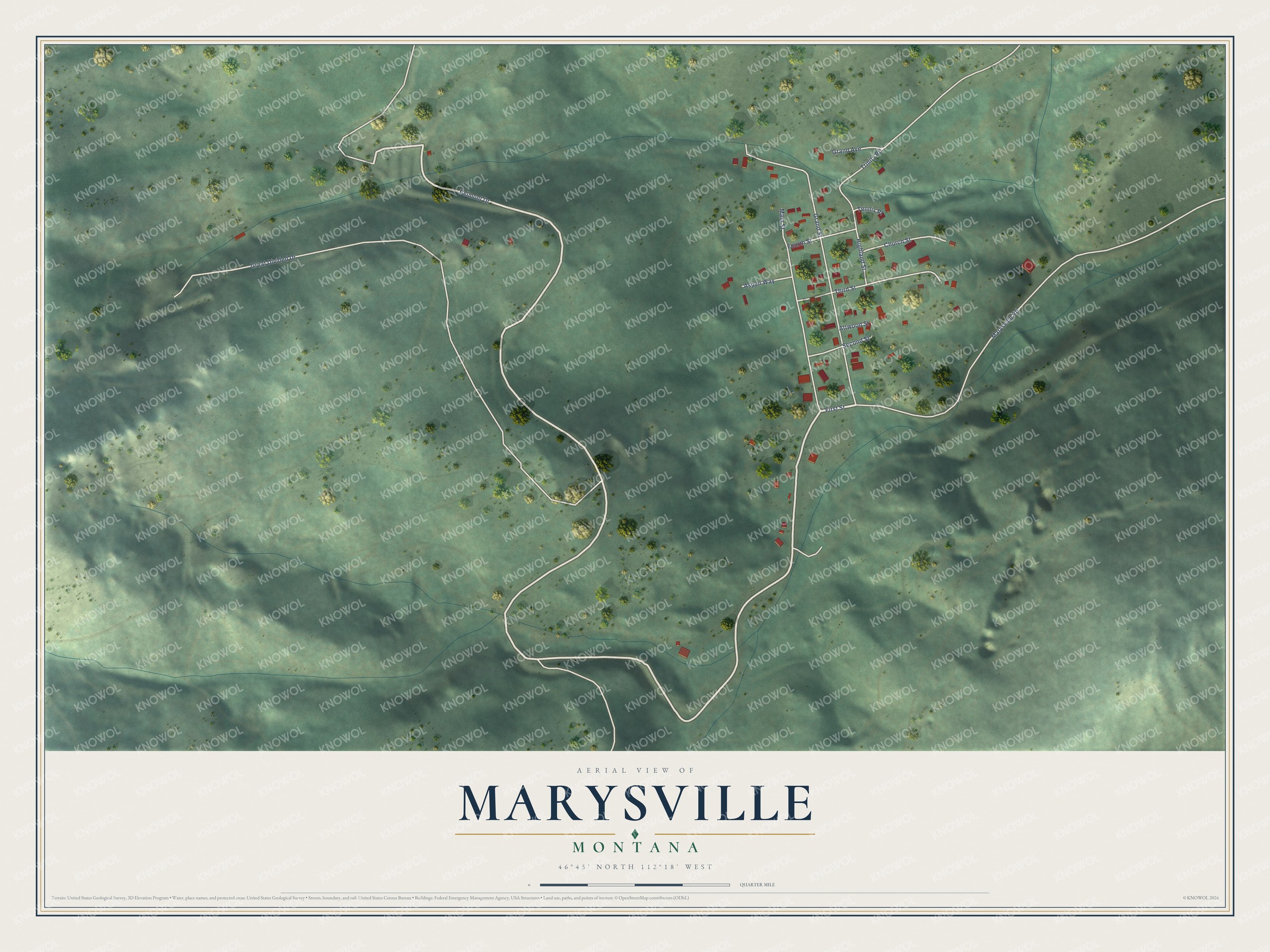 Full map of Marysville, Montana, with red buildings, printed street names and the land around them