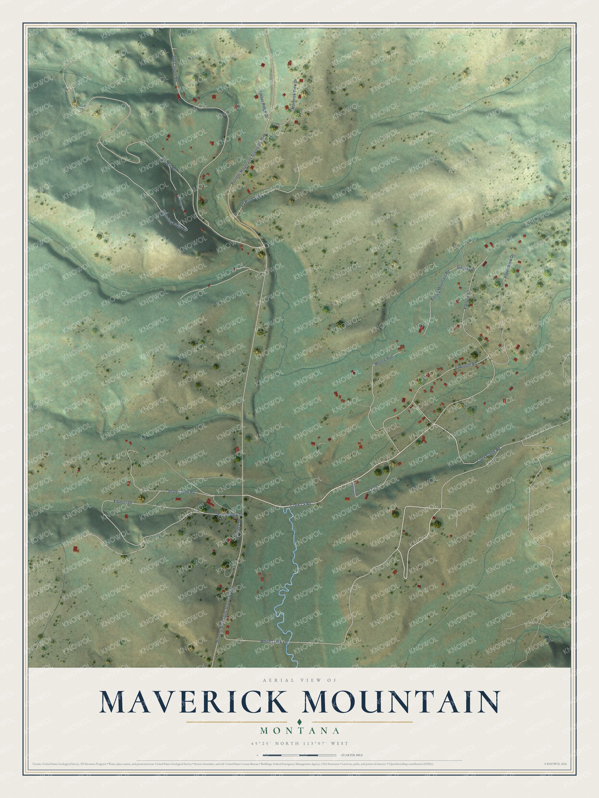Full map of Maverick Mountain, Montana, with red buildings, printed street names and the land around them