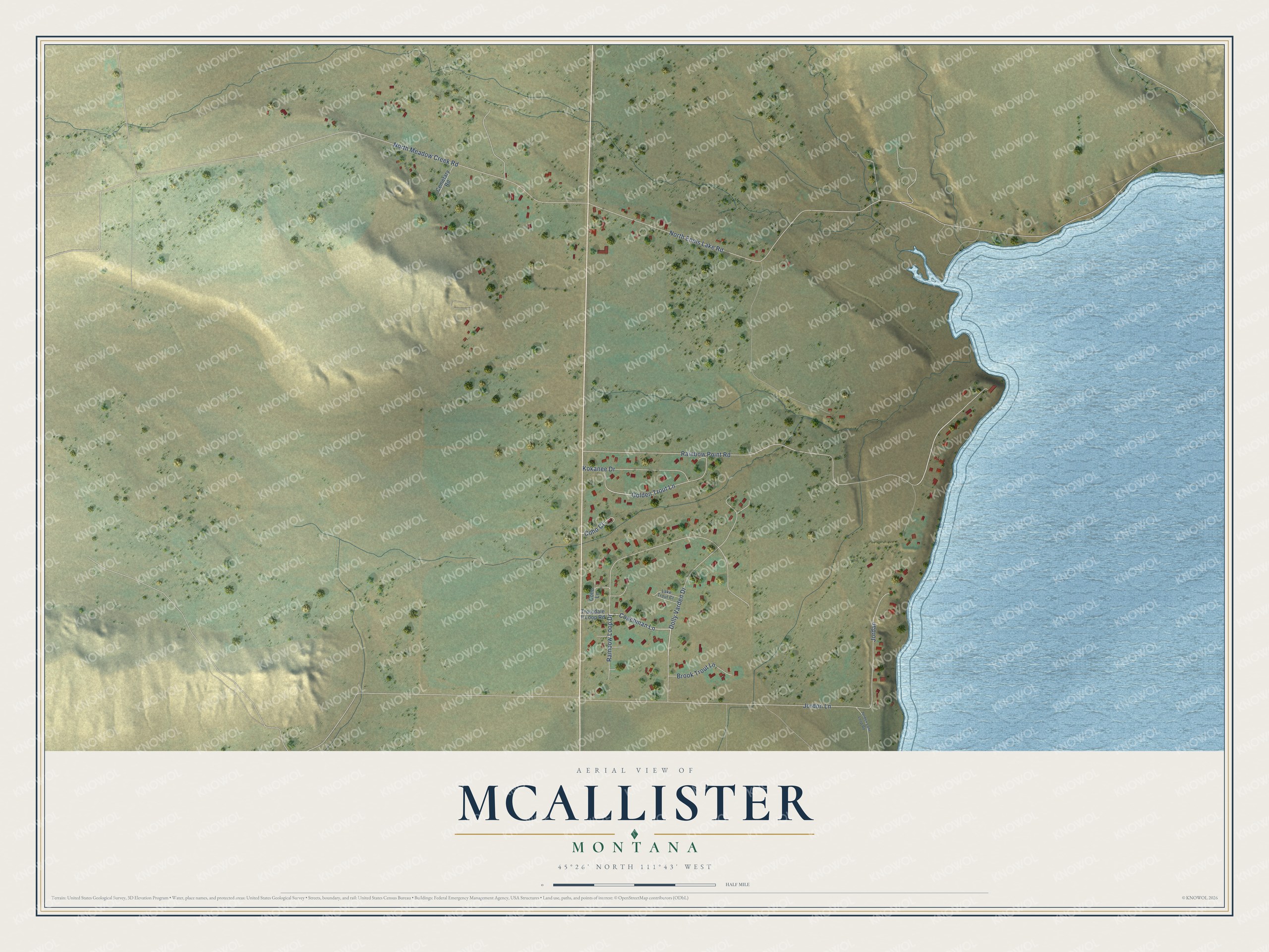 Full map of McAllister, Montana, with red buildings, printed street names and the land around them