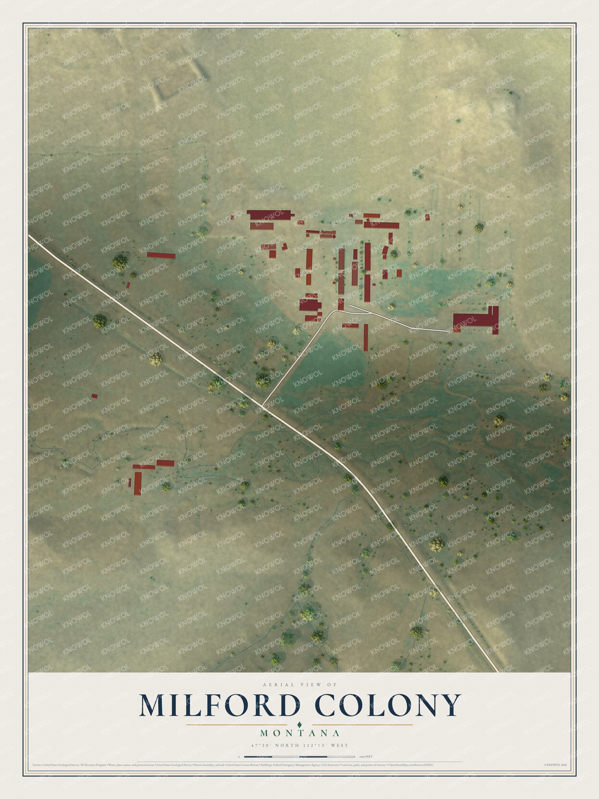 Full map of Milford Colony, Montana, with red buildings, printed street names and the land around them