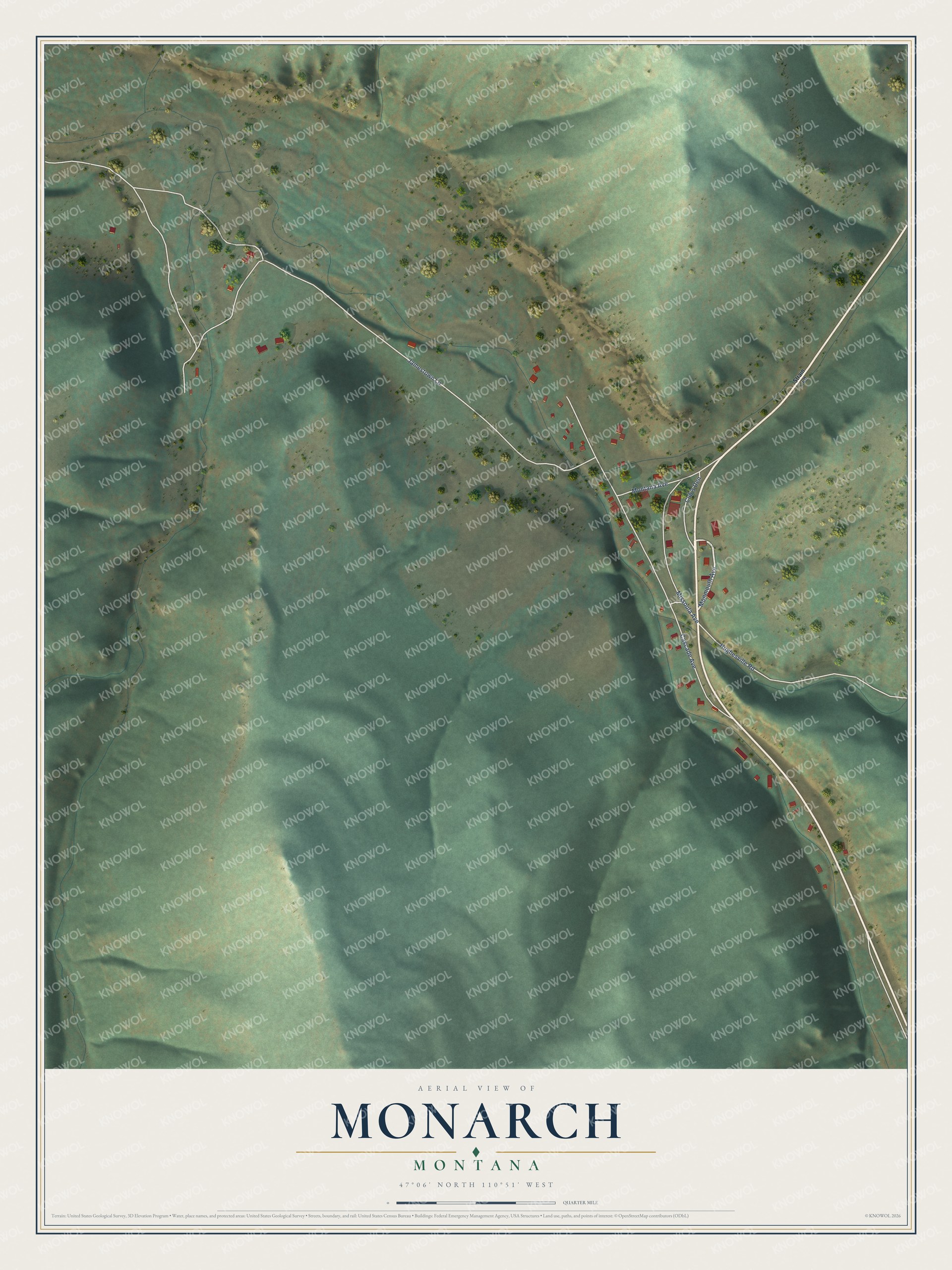 Full map of Monarch, Montana, with red buildings, printed street names and the land around them