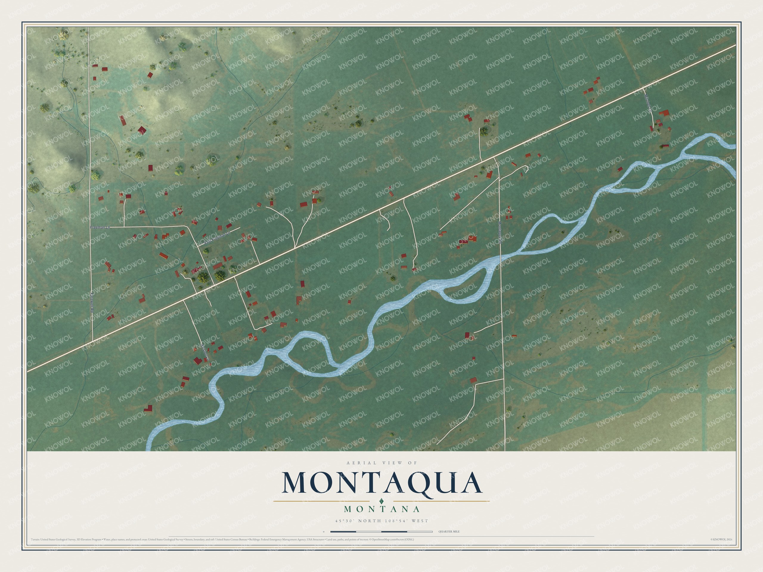 Full map of Montaqua, Montana, with red buildings, printed street names and the land around them