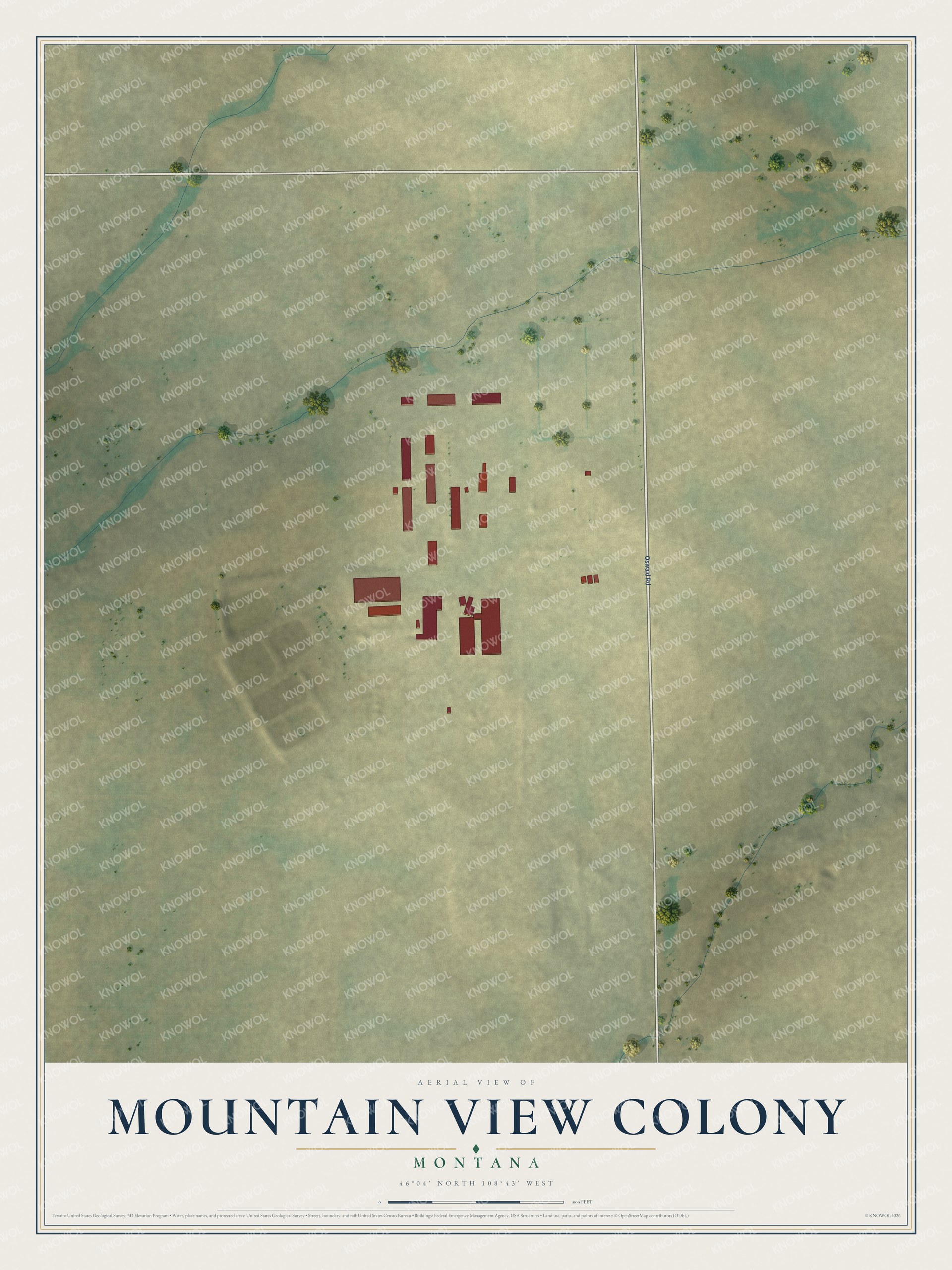 Full map of Mountain View Colony, Montana, with red buildings, printed street names and the land around them