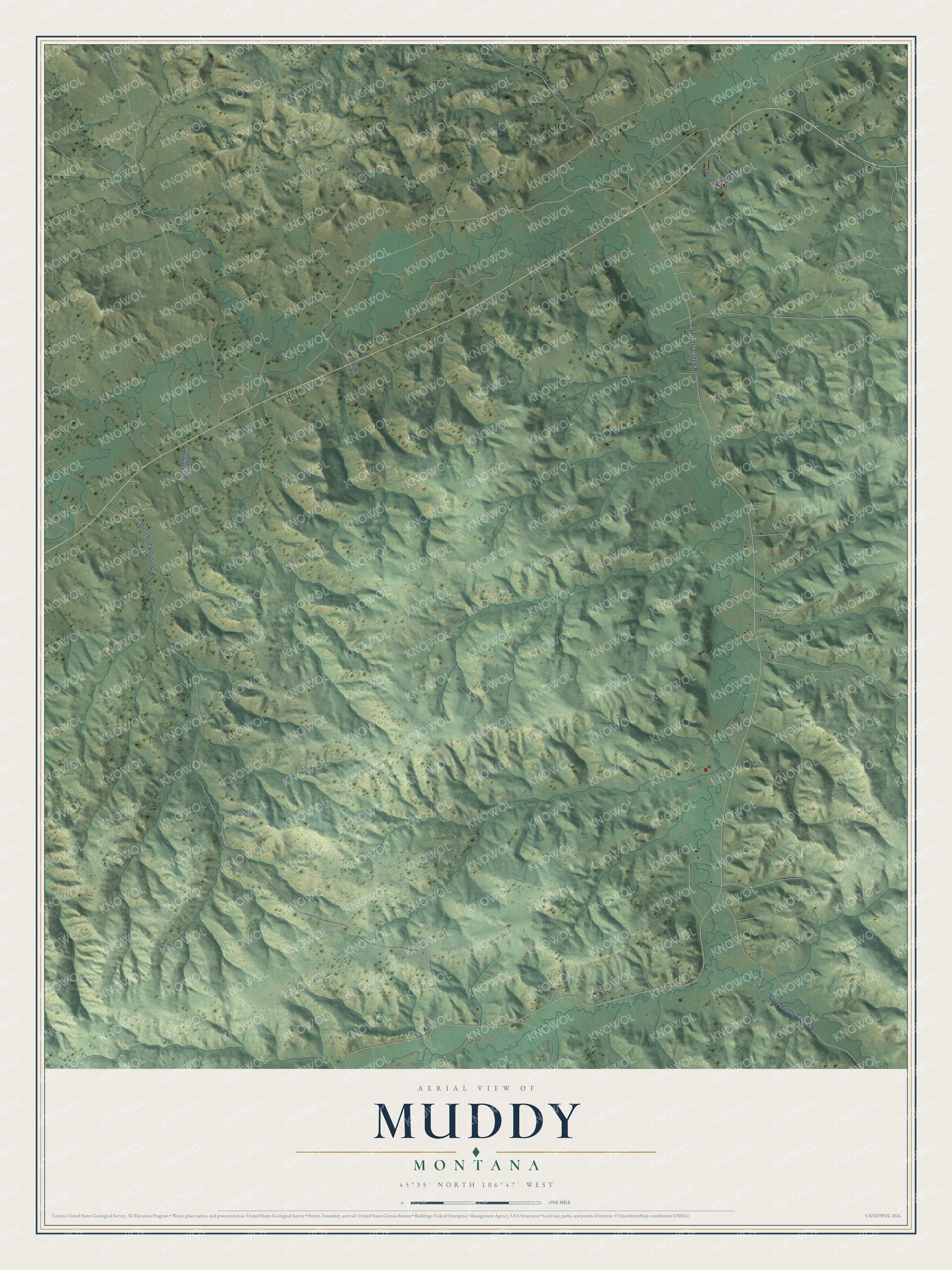 Full map of Muddy, Montana, with red buildings, printed street names and the land around them