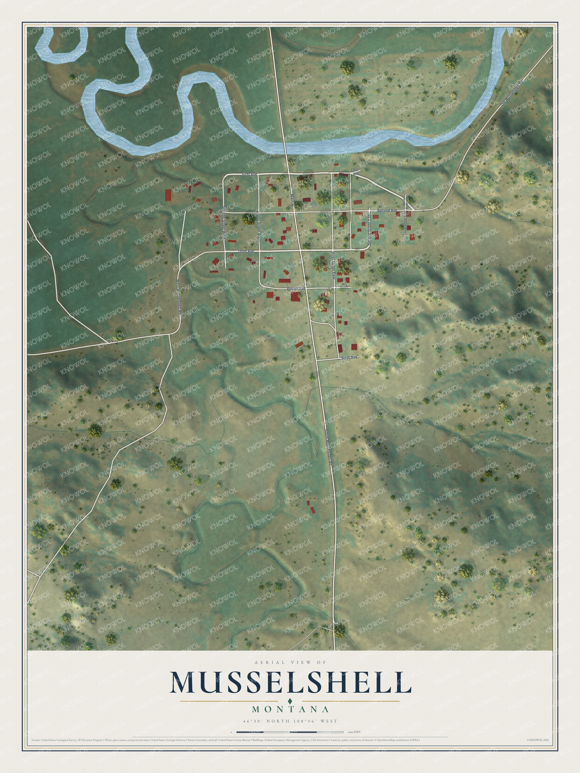 Full map of Musselshell, Montana, with red buildings, printed street names and the land around them