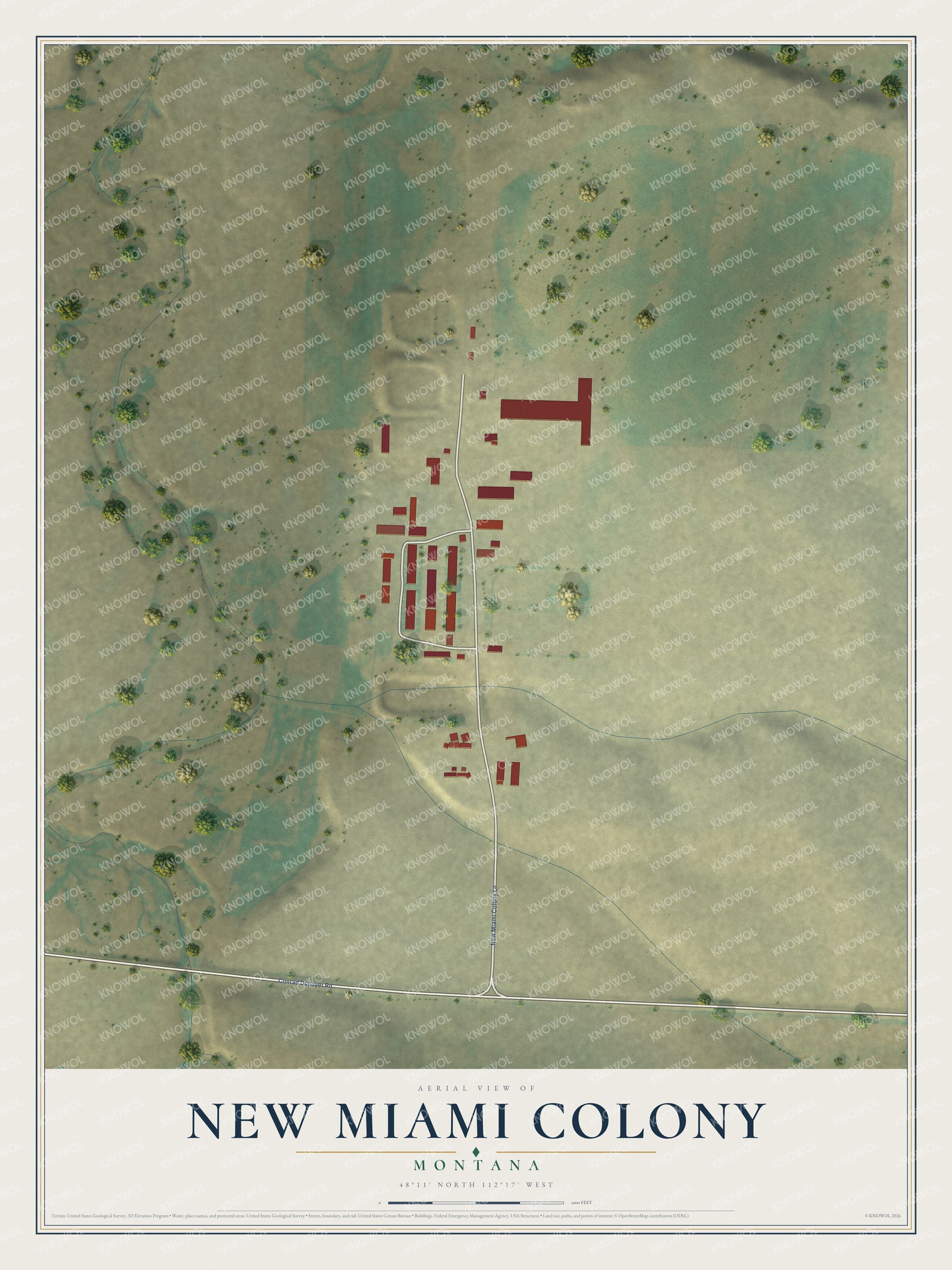 Full map of New Miami Colony, Montana, with red buildings, printed street names and the land around them