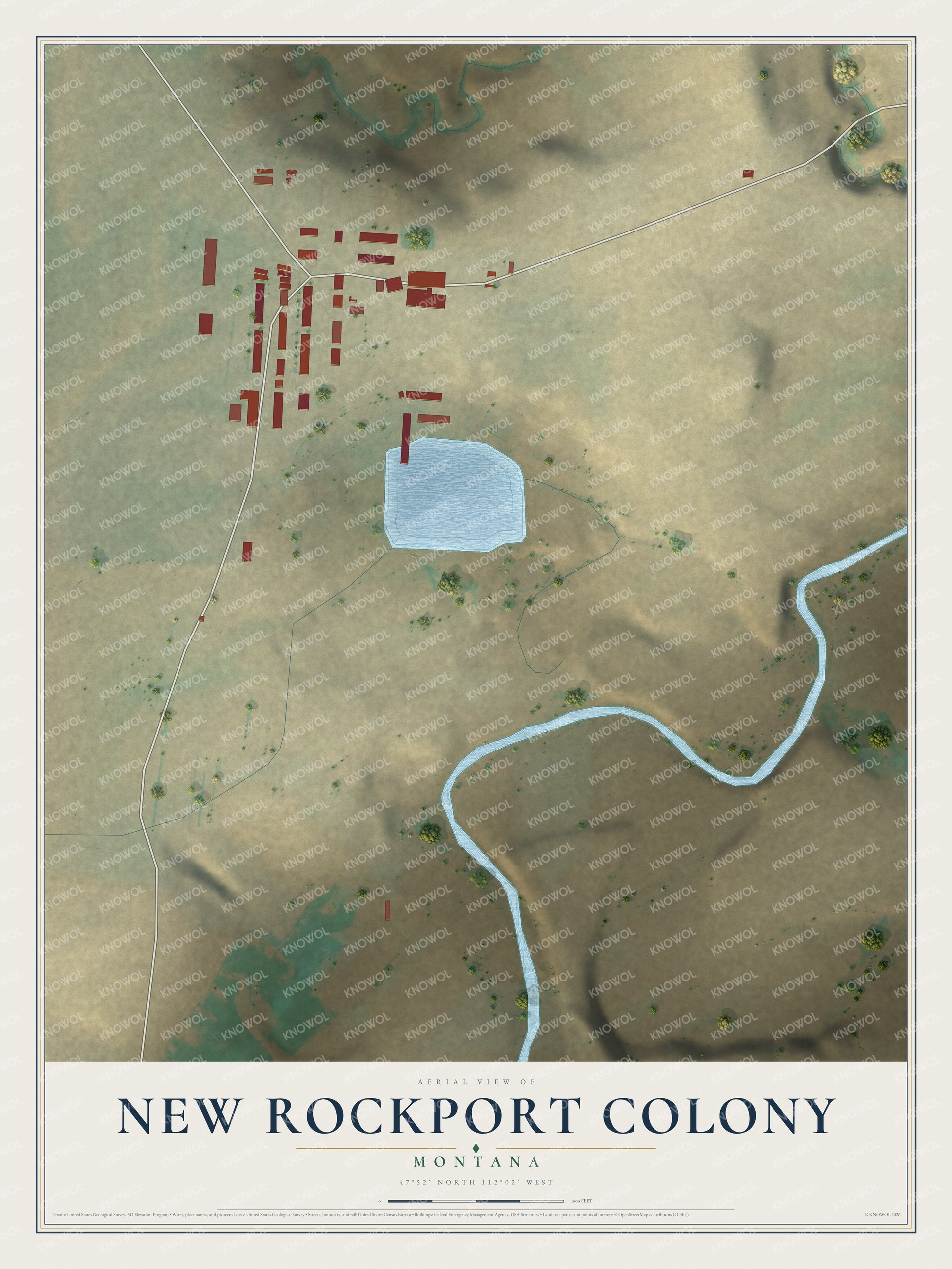 Full map of New Rockport Colony, Montana, with red buildings, printed street names and the land around them
