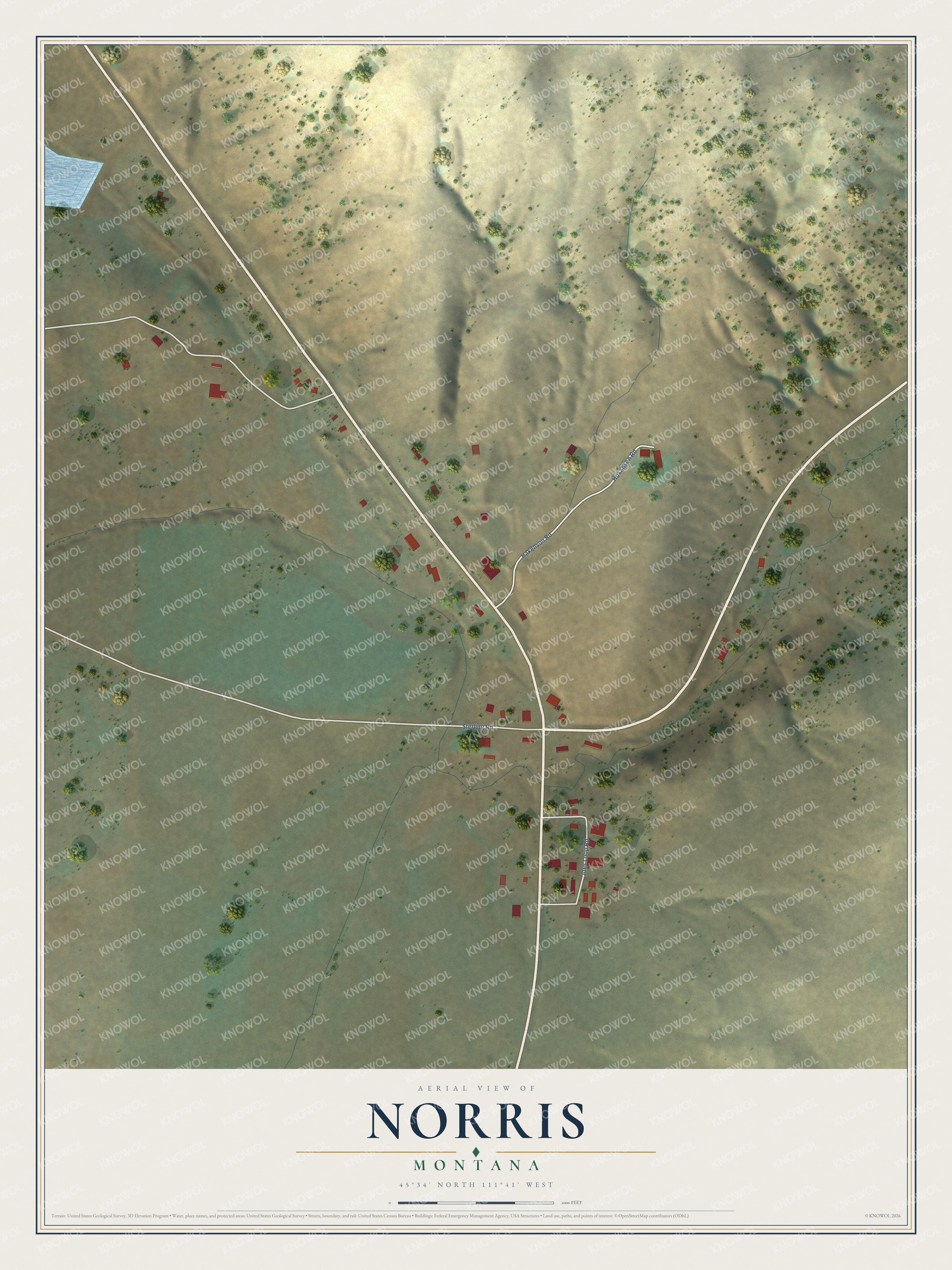 Full map of Norris, Montana, with red buildings, printed street names and the land around them
