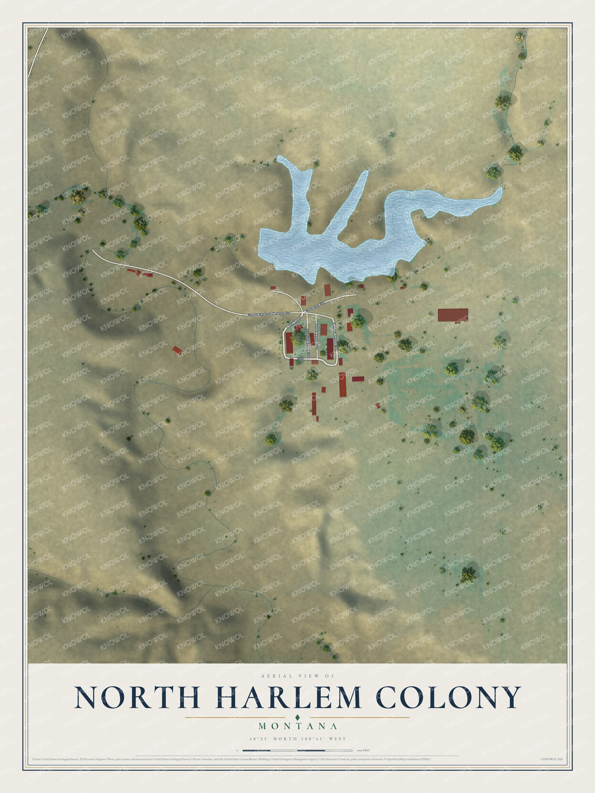Full map of North Harlem Colony, Montana, with red buildings, printed street names and the land around them