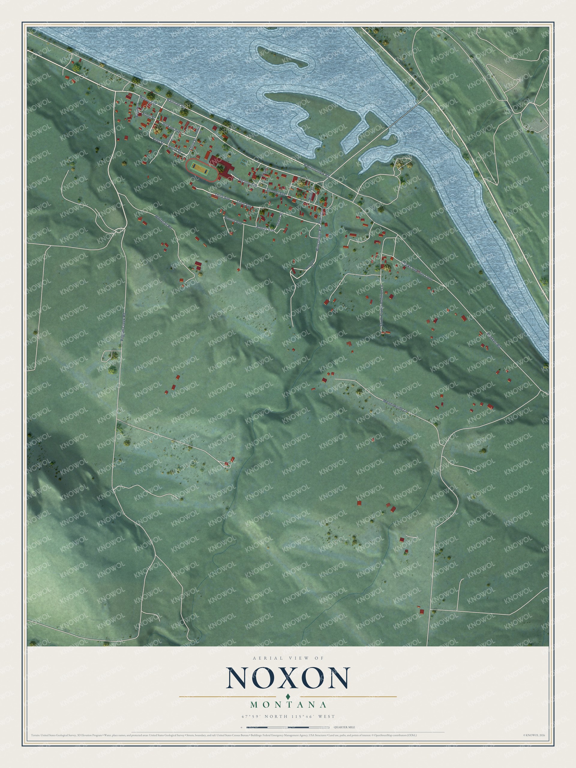 Full map of Noxon, Montana, with red buildings, printed street names and the land around them