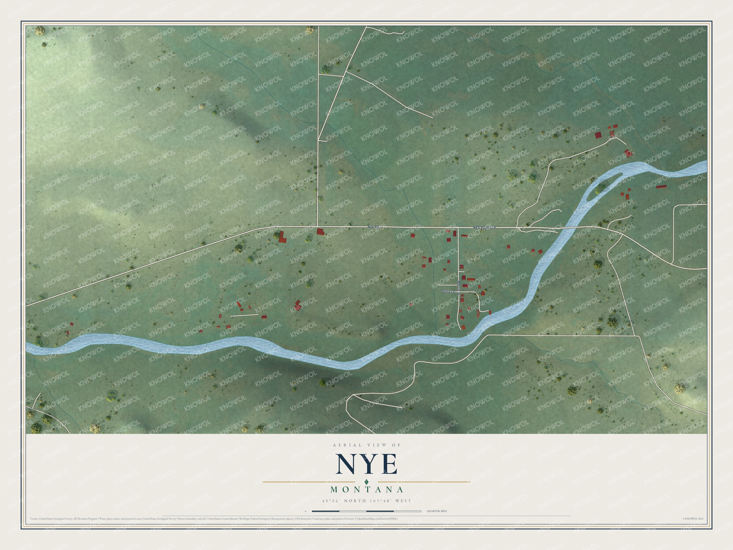 Full map of Nye, Montana, with red buildings, printed street names and the land around them