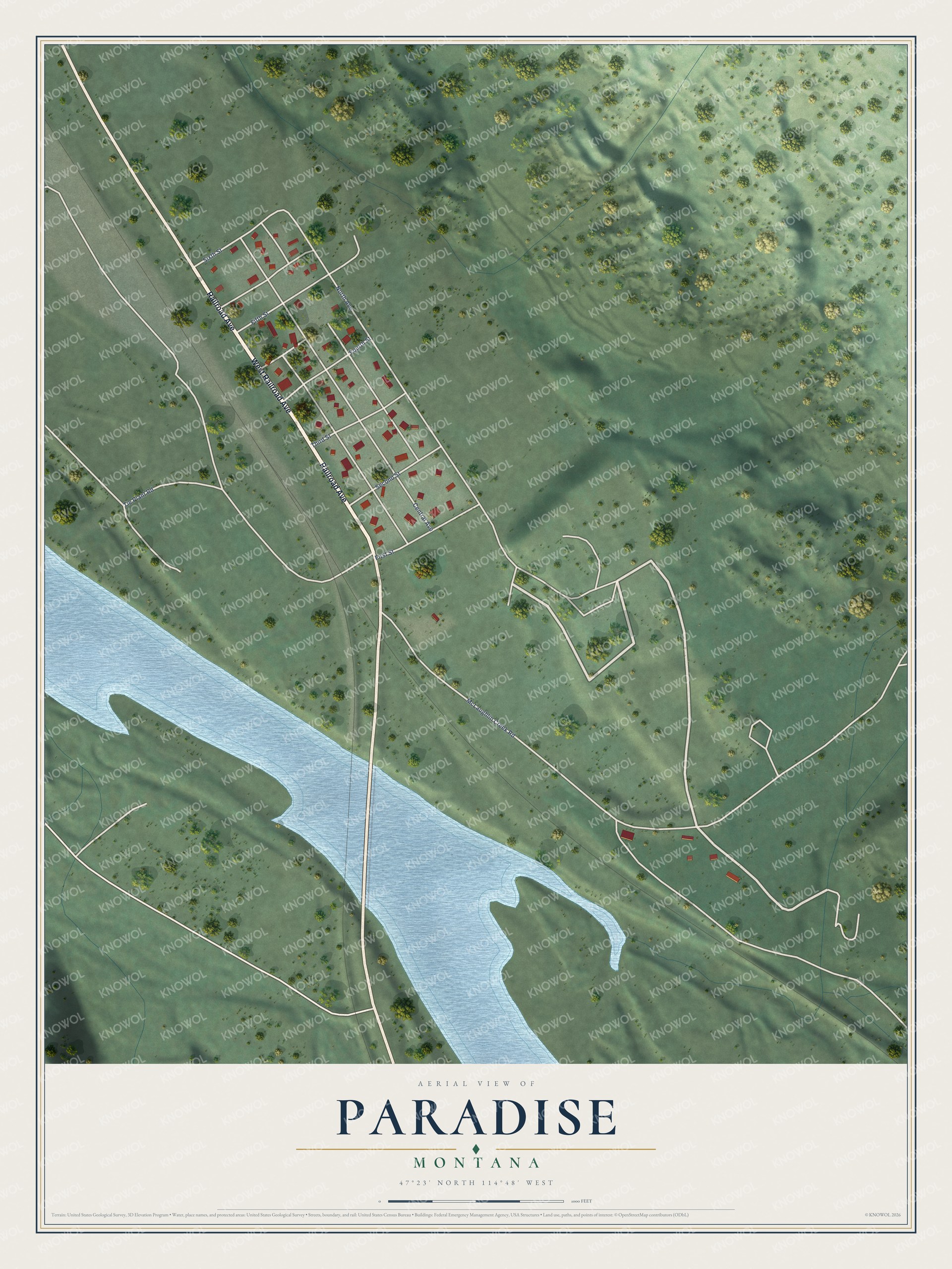 Full map of Paradise, Montana, with red buildings, printed street names and the land around them