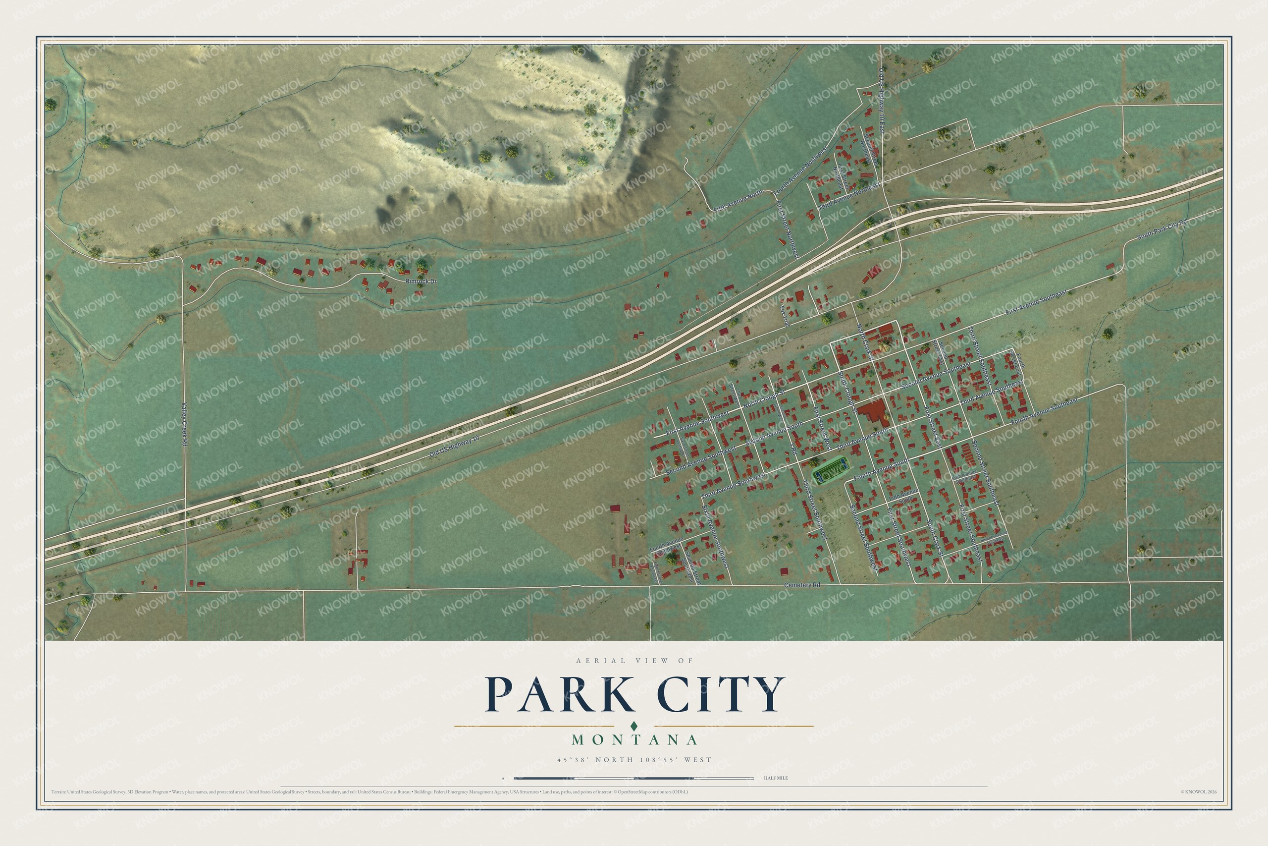 Full map of Park City, Montana, with red buildings, printed street names and the land around them
