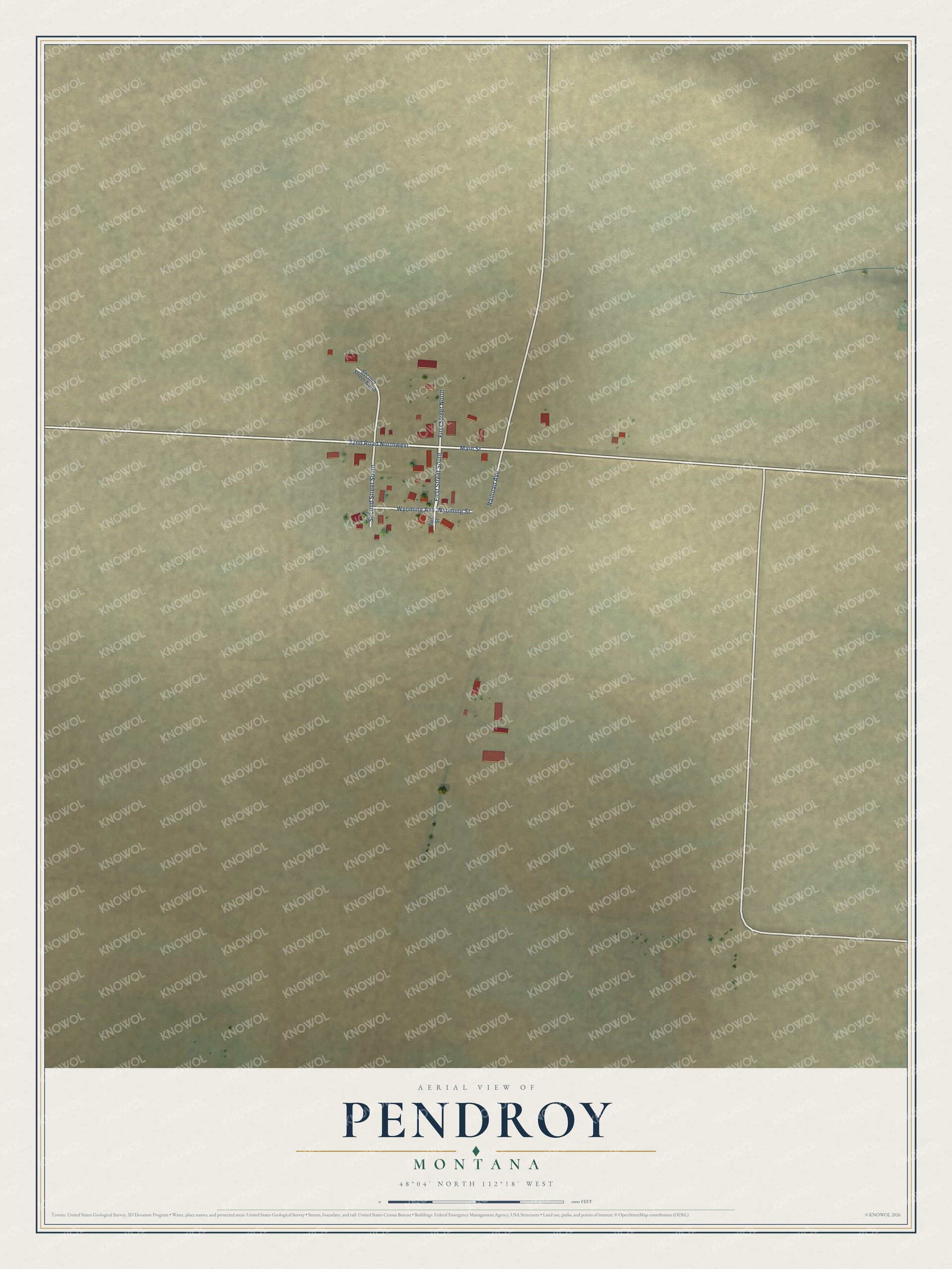 Full map of Pendroy, Montana, with red buildings, printed street names and the land around them