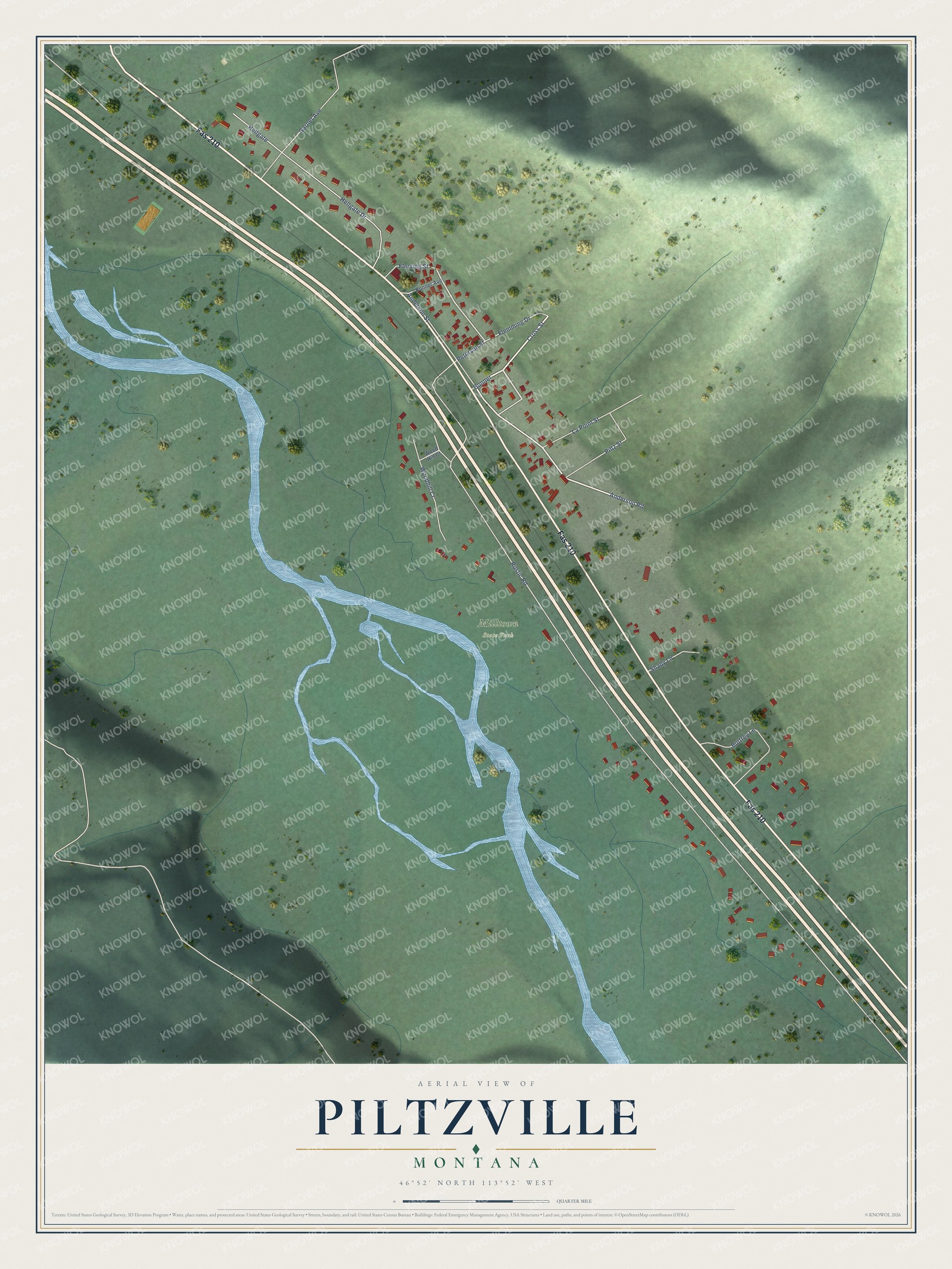 Full map of Piltzville, Montana, with red buildings, printed street names and the land around them