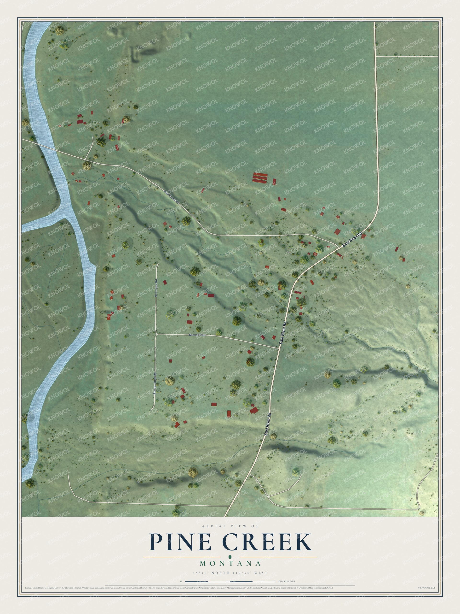 Full map of Pine Creek, Montana, with red buildings, printed street names and the land around them