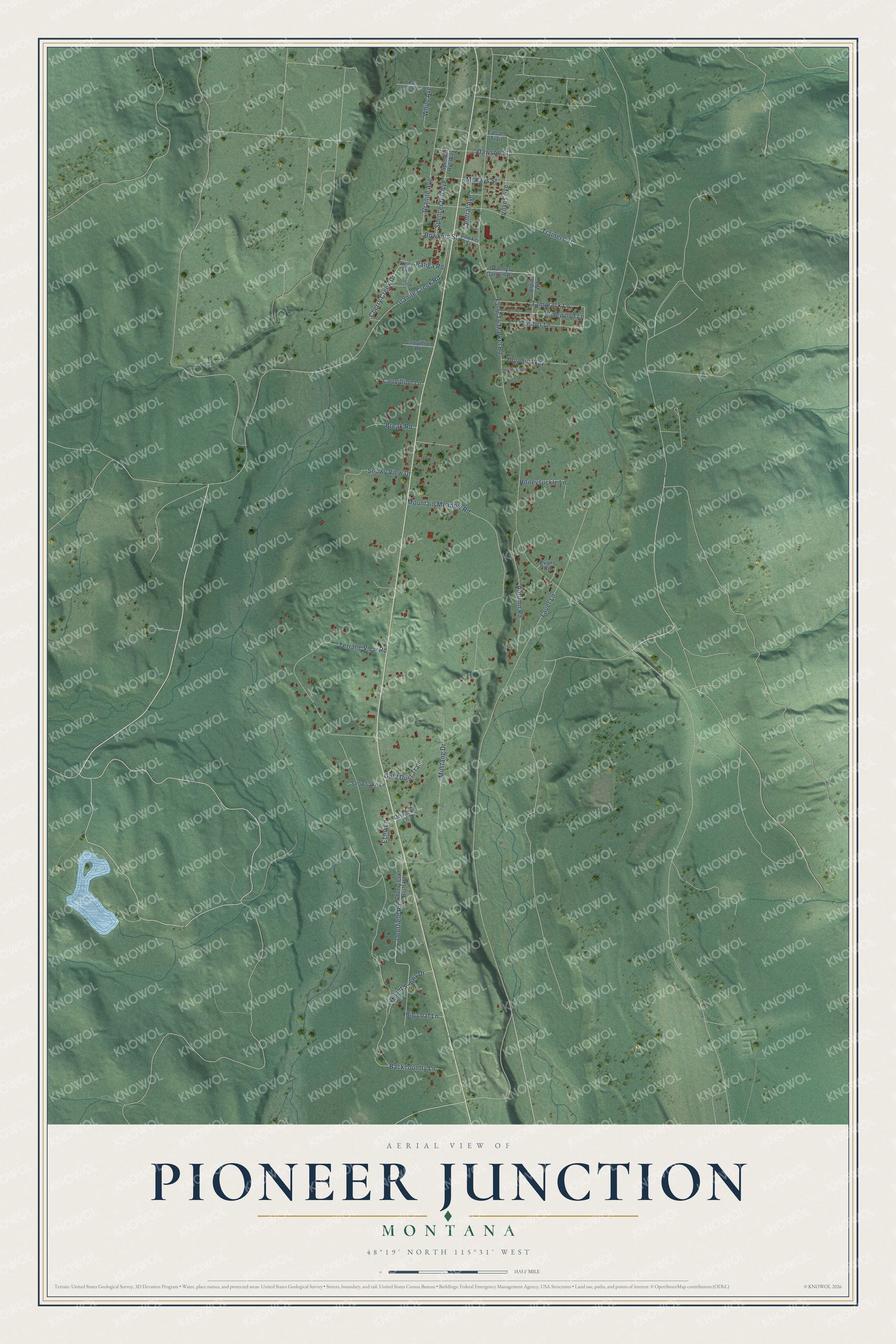 Full map of Pioneer Junction, Montana, with red buildings, printed street names and the land around them