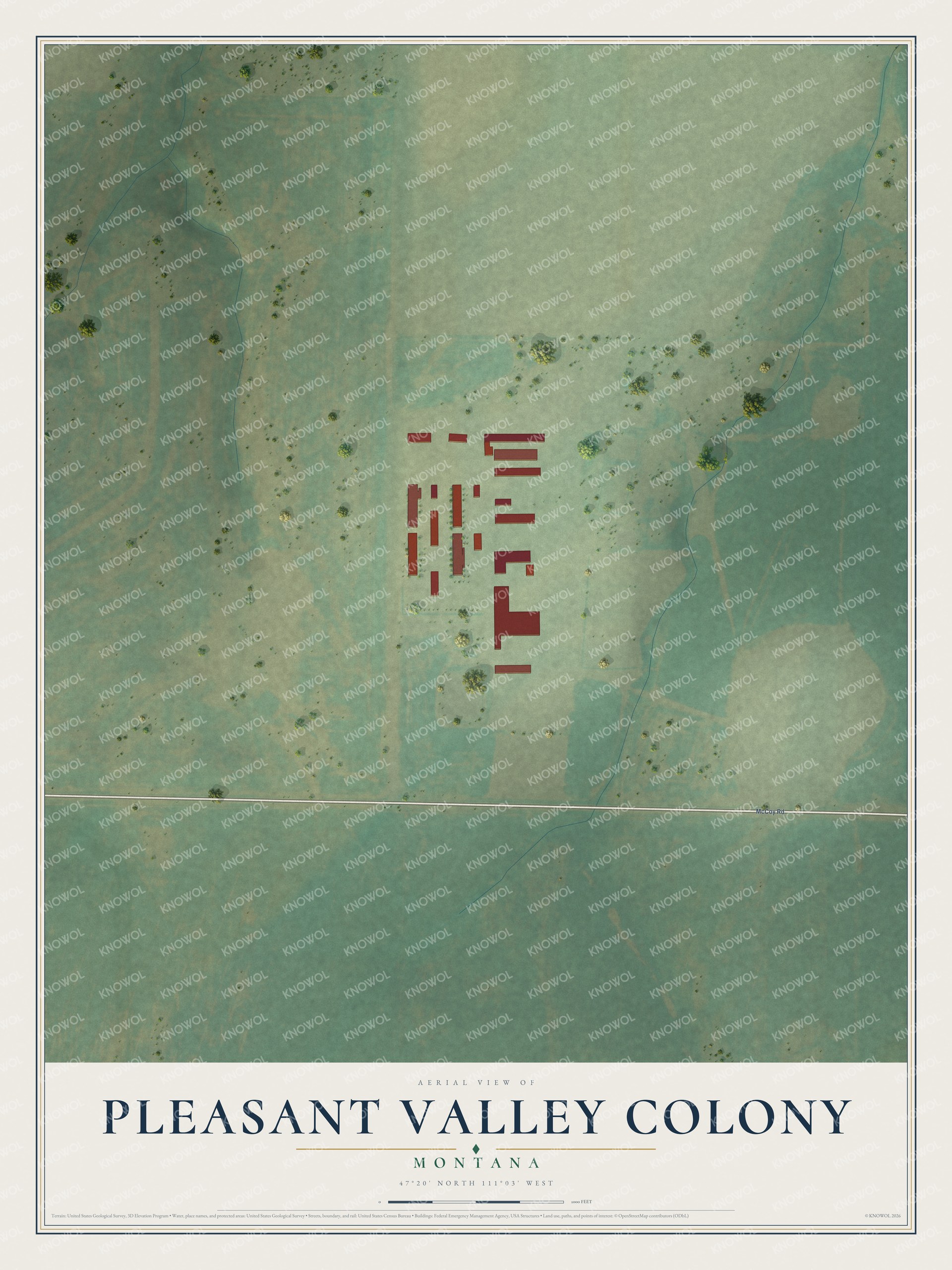 Full map of Pleasant Valley Colony, Montana, with red buildings, printed street names and the land around them