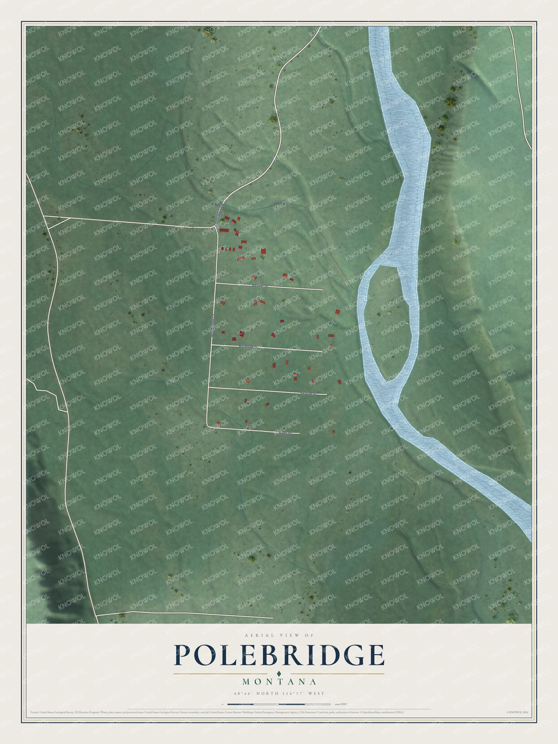 Full map of Polebridge, Montana, with red buildings, printed street names and the land around them