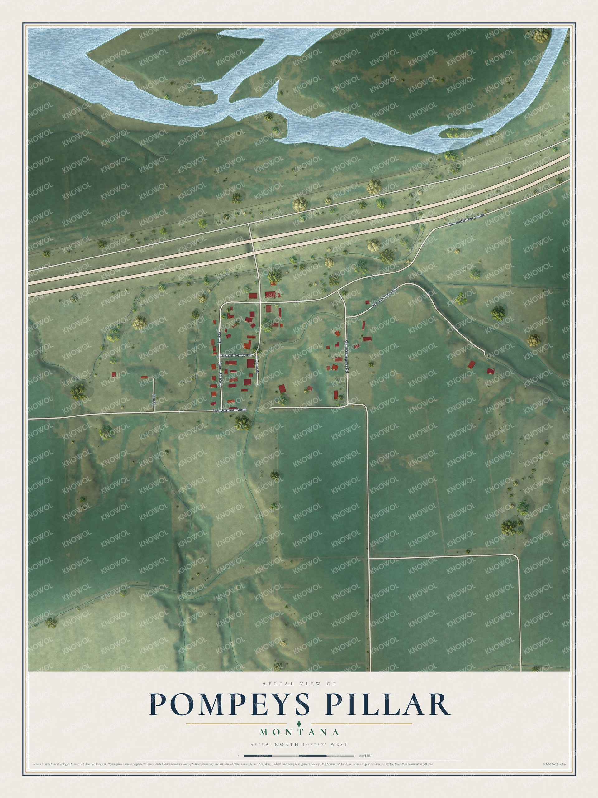 Full map of Pompeys Pillar, Montana, with red buildings, printed street names and the land around them