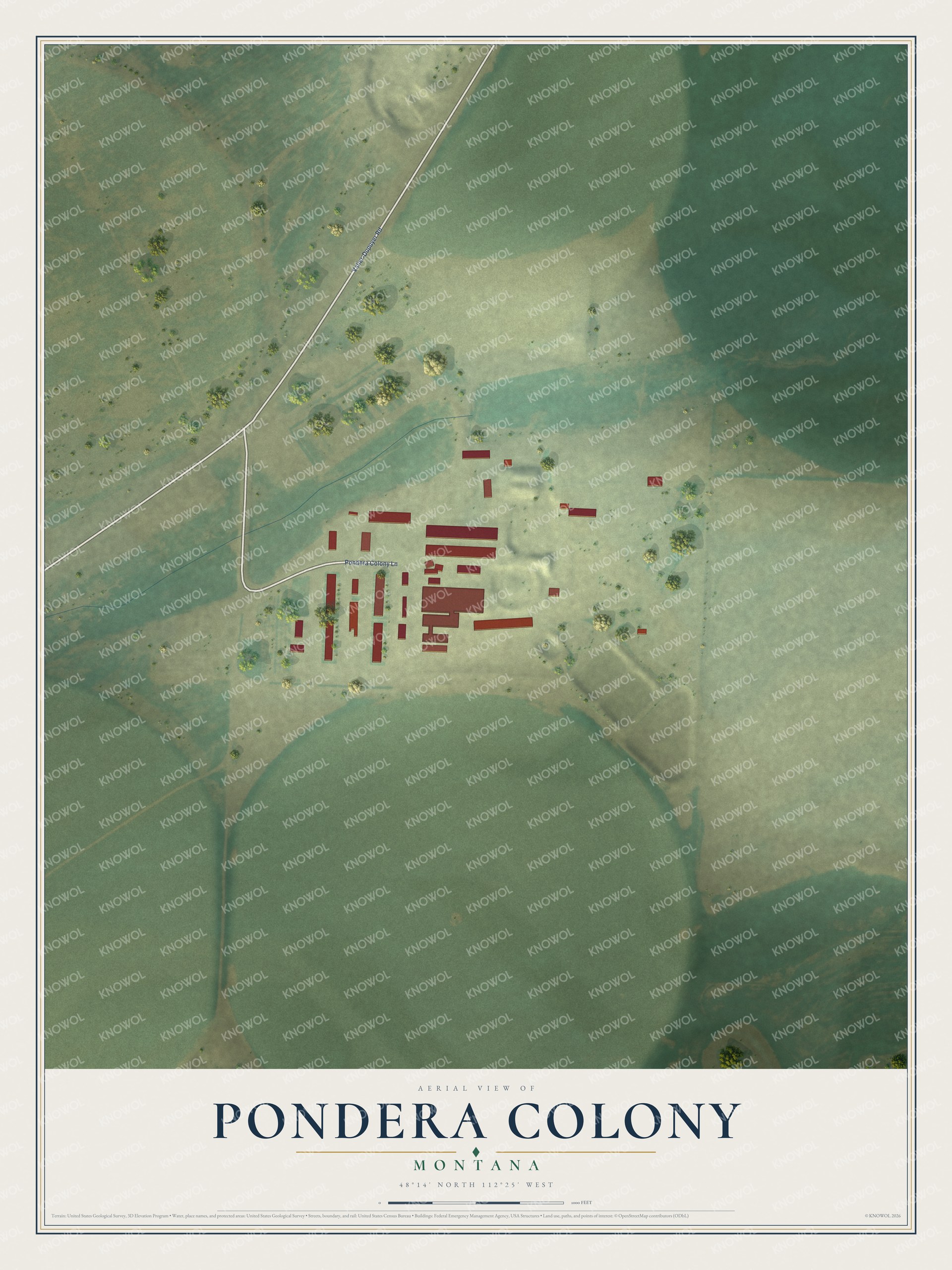 Full map of Pondera Colony, Montana, with red buildings, printed street names and the land around them
