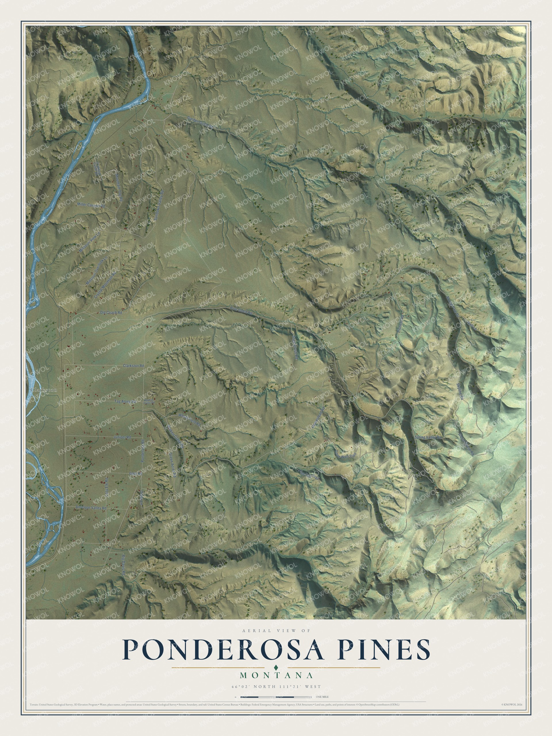 Full map of Ponderosa Pines, Montana, with red buildings, printed street names and the land around them