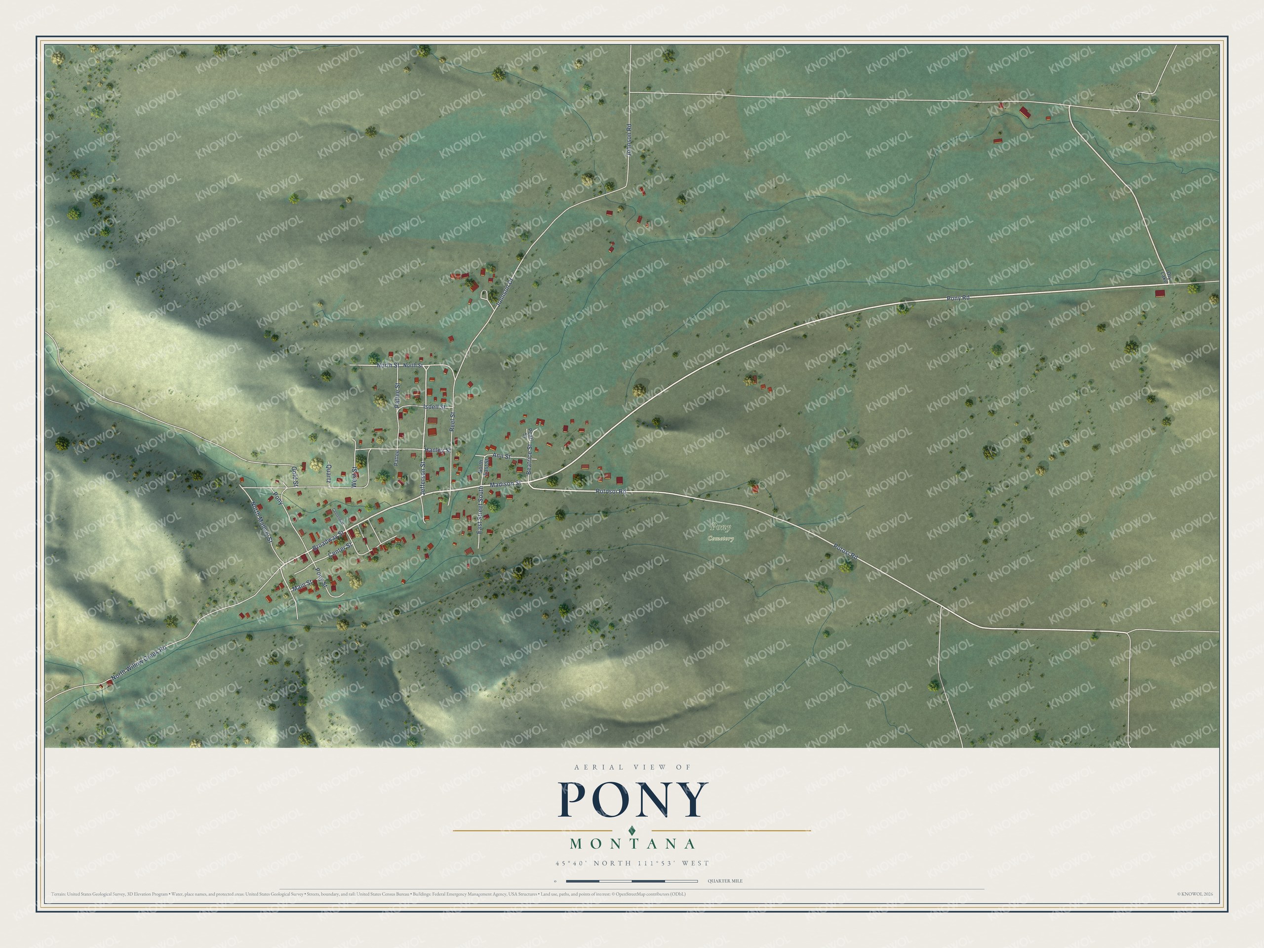 Full map of Pony, Montana, with red buildings, printed street names and the land around them