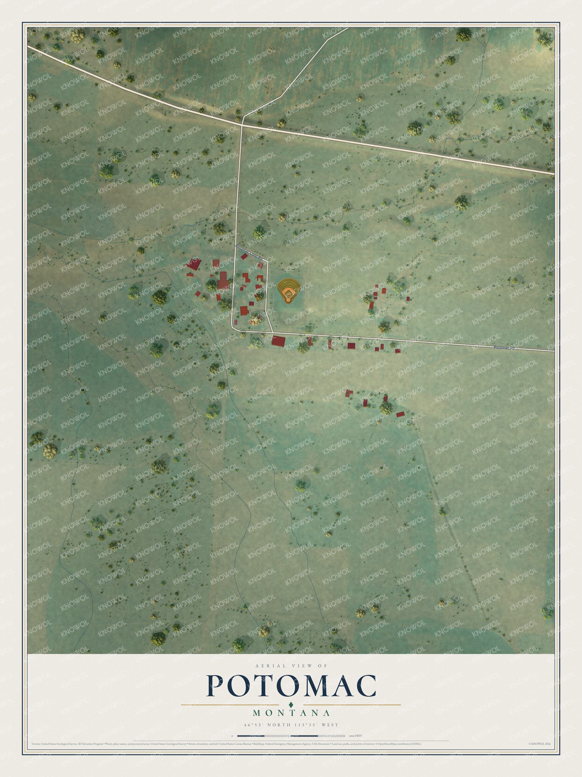 Full map of Potomac, Montana, with red buildings, printed street names and the land around them