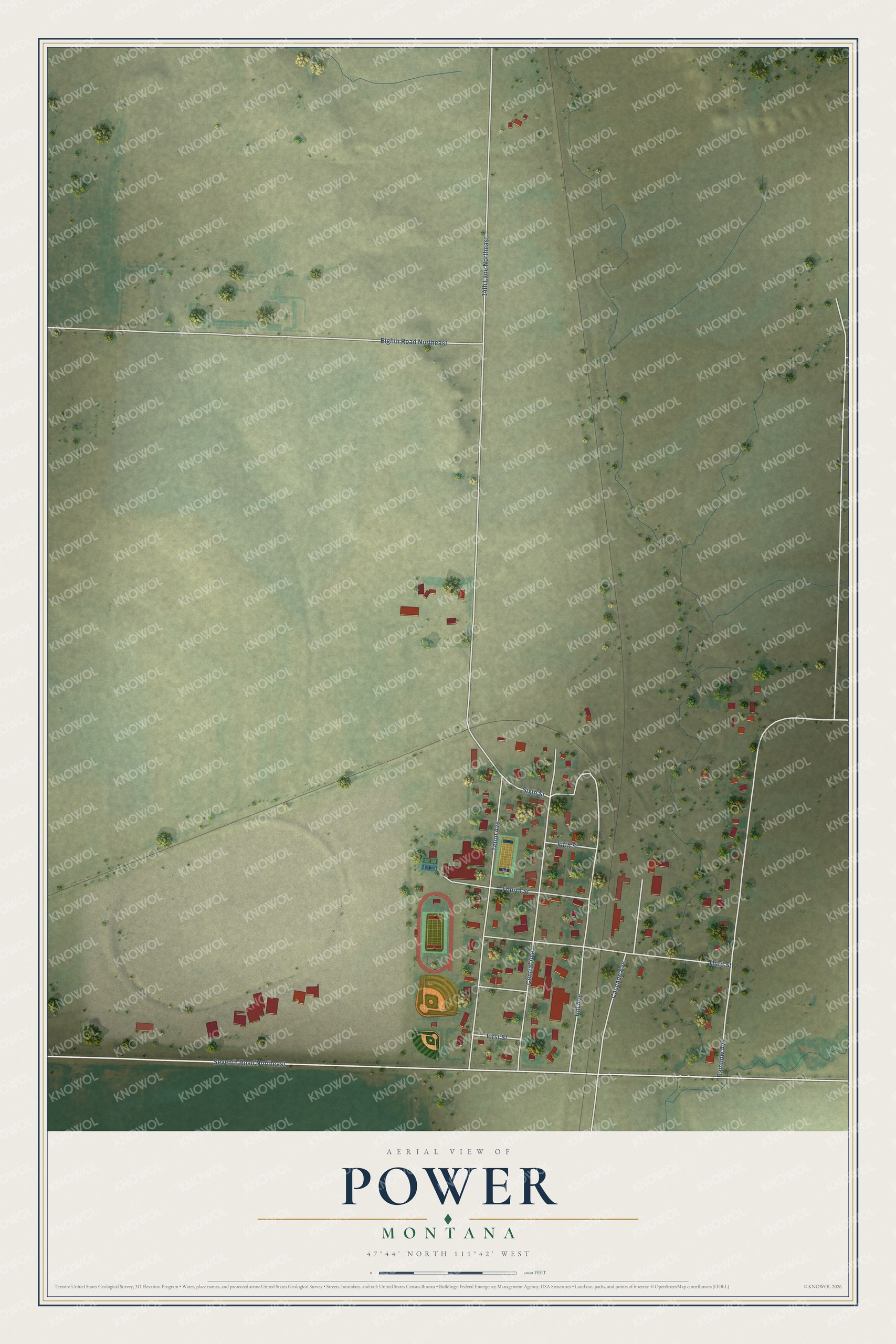 Full map of Power, Montana, with red buildings, printed street names and the land around them