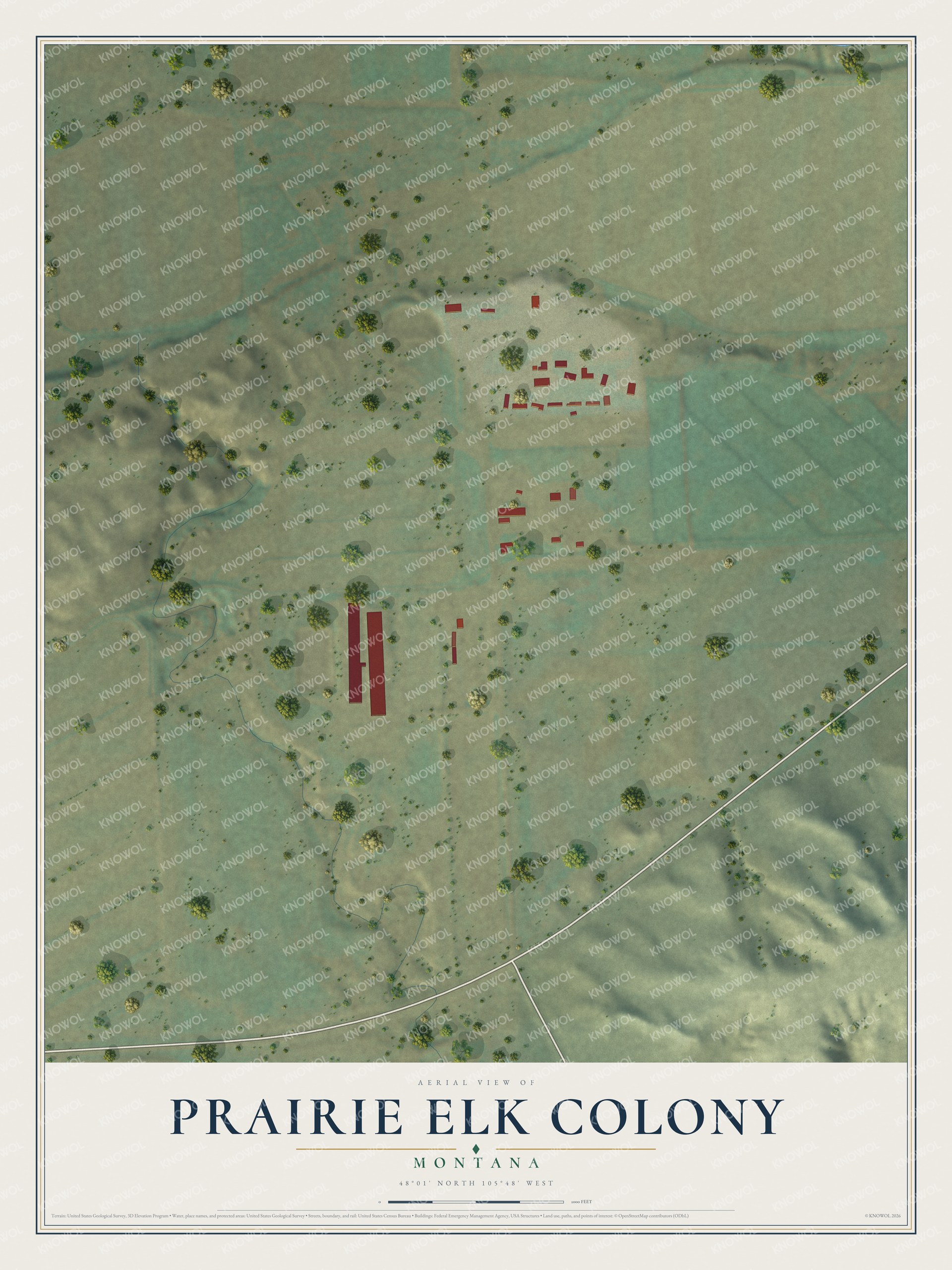 Full map of Prairie Elk Colony, Montana, with red buildings, printed street names and the land around them