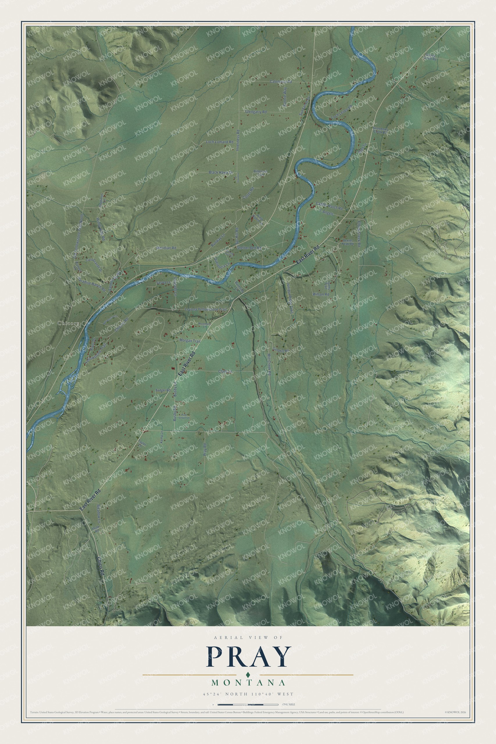 Full map of Pray, Montana, with red buildings, printed street names and the land around them