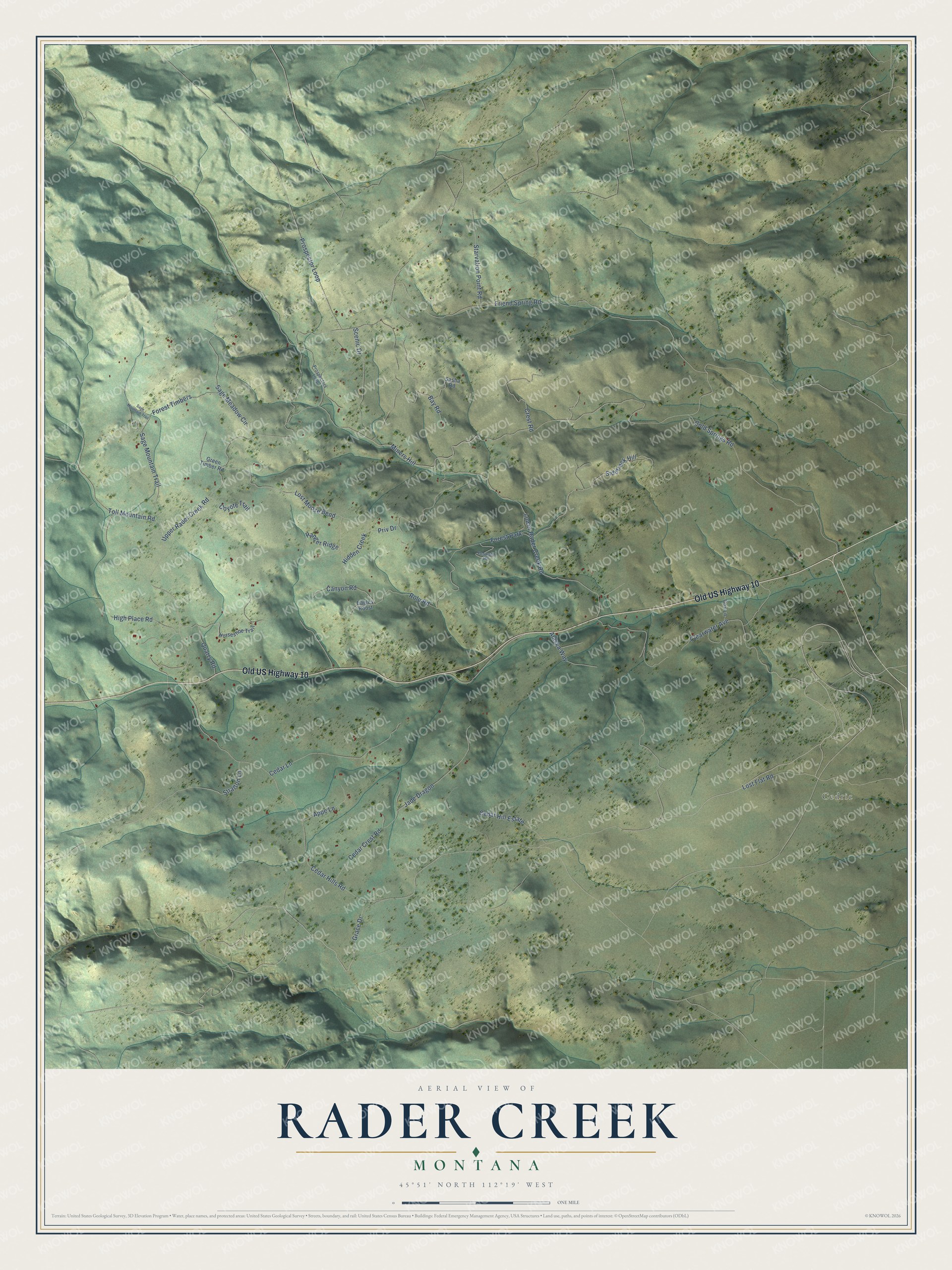 Full map of Rader Creek, Montana, with red buildings, printed street names and the land around them