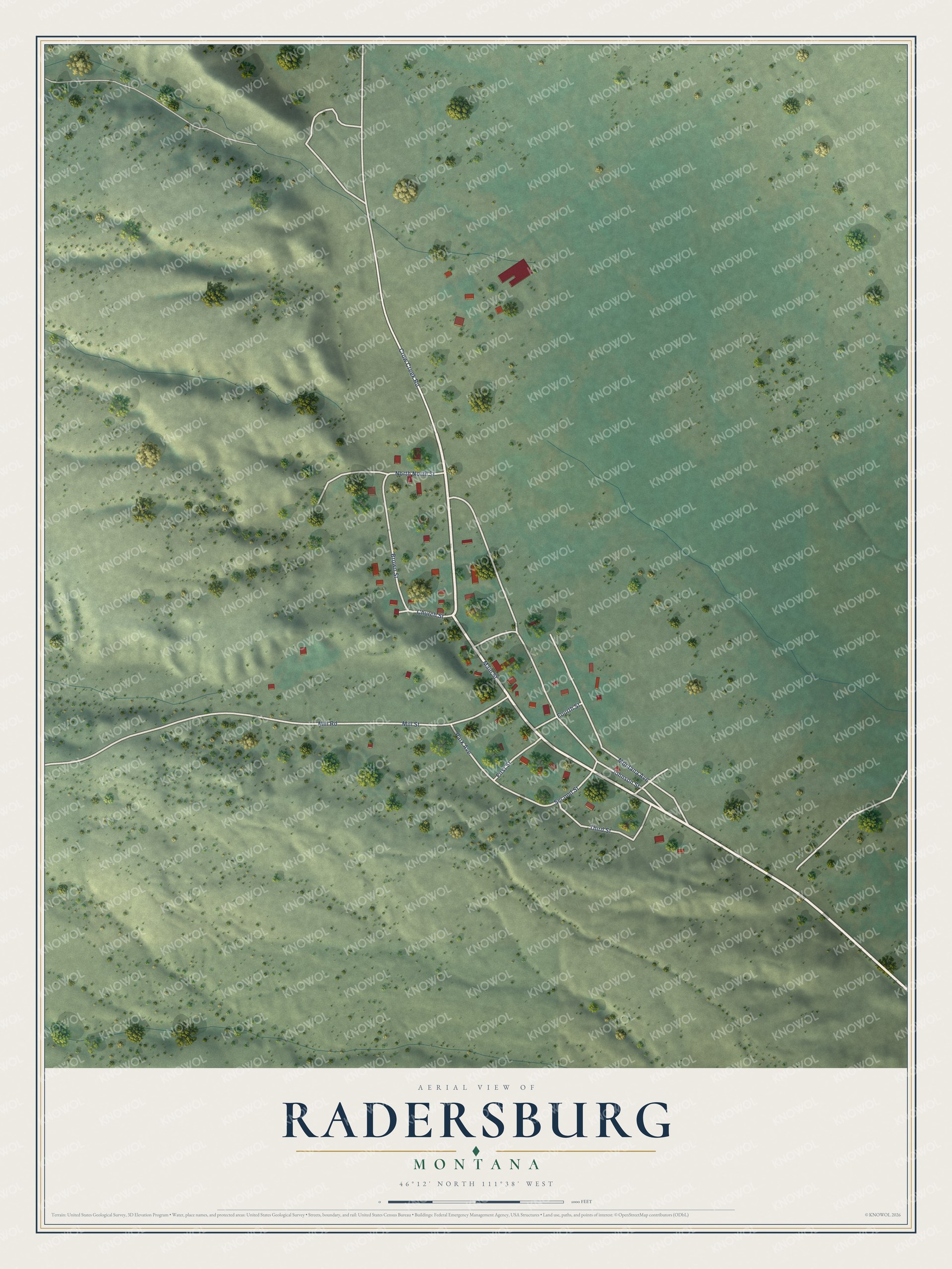 Full map of Radersburg, Montana, with red buildings, printed street names and the land around them