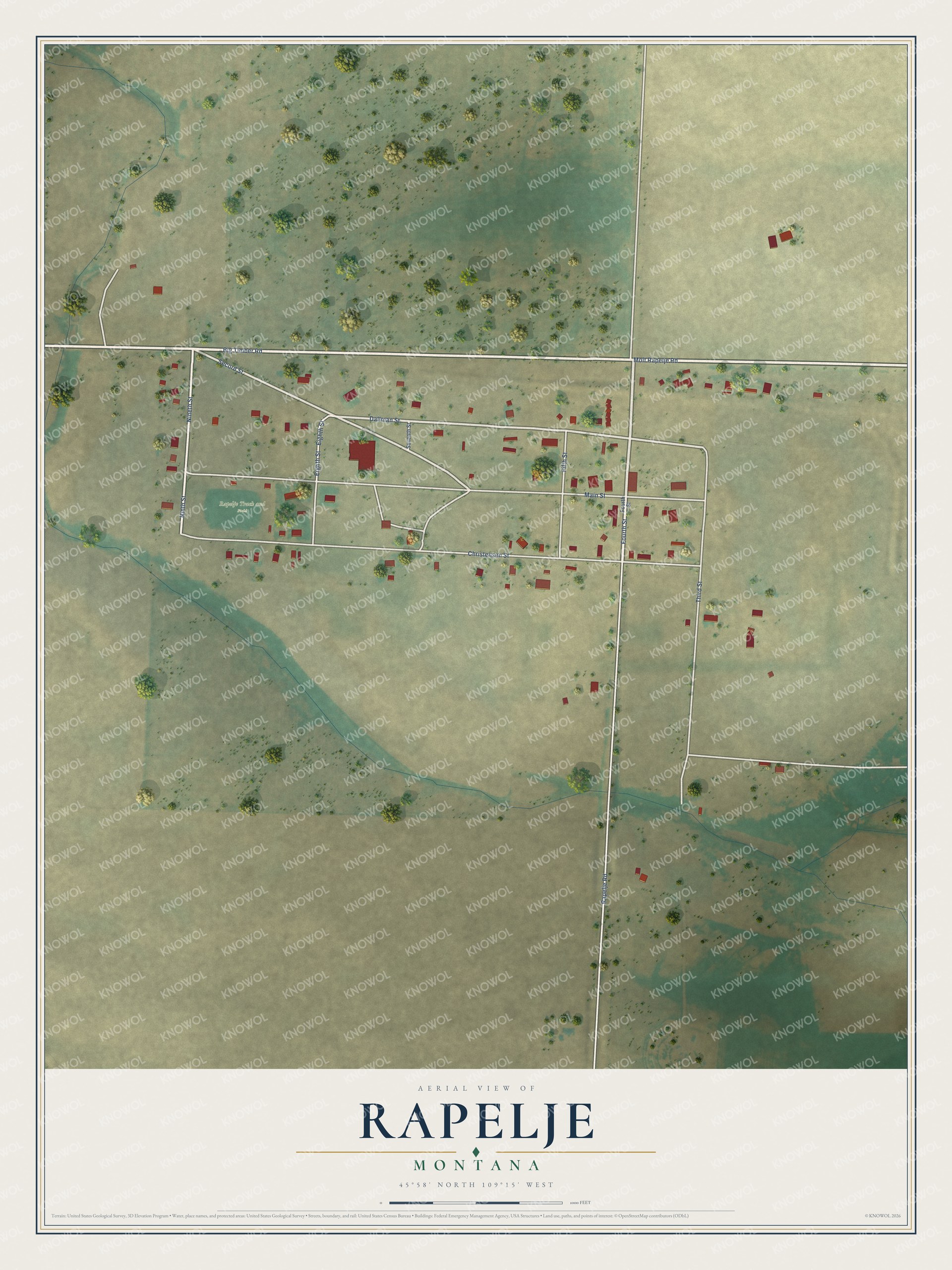 Full map of Rapelje, Montana, with red buildings, printed street names and the land around them