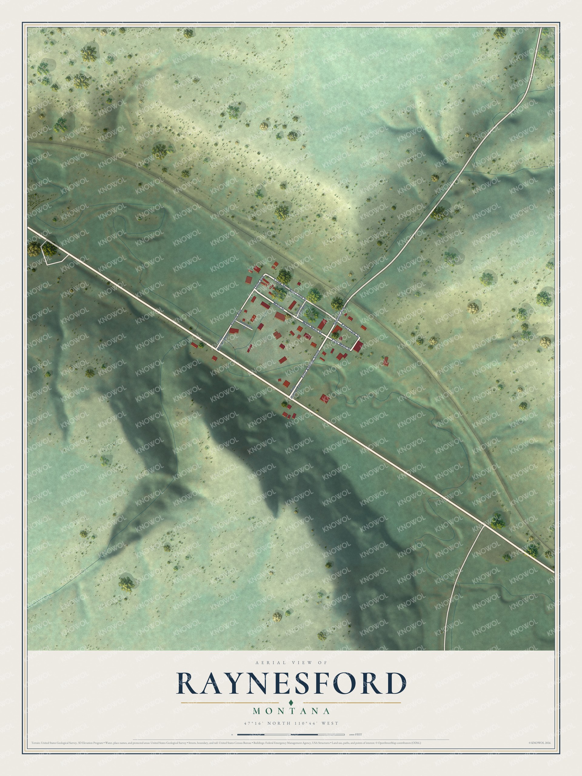 Full map of Raynesford, Montana, with red buildings, printed street names and the land around them