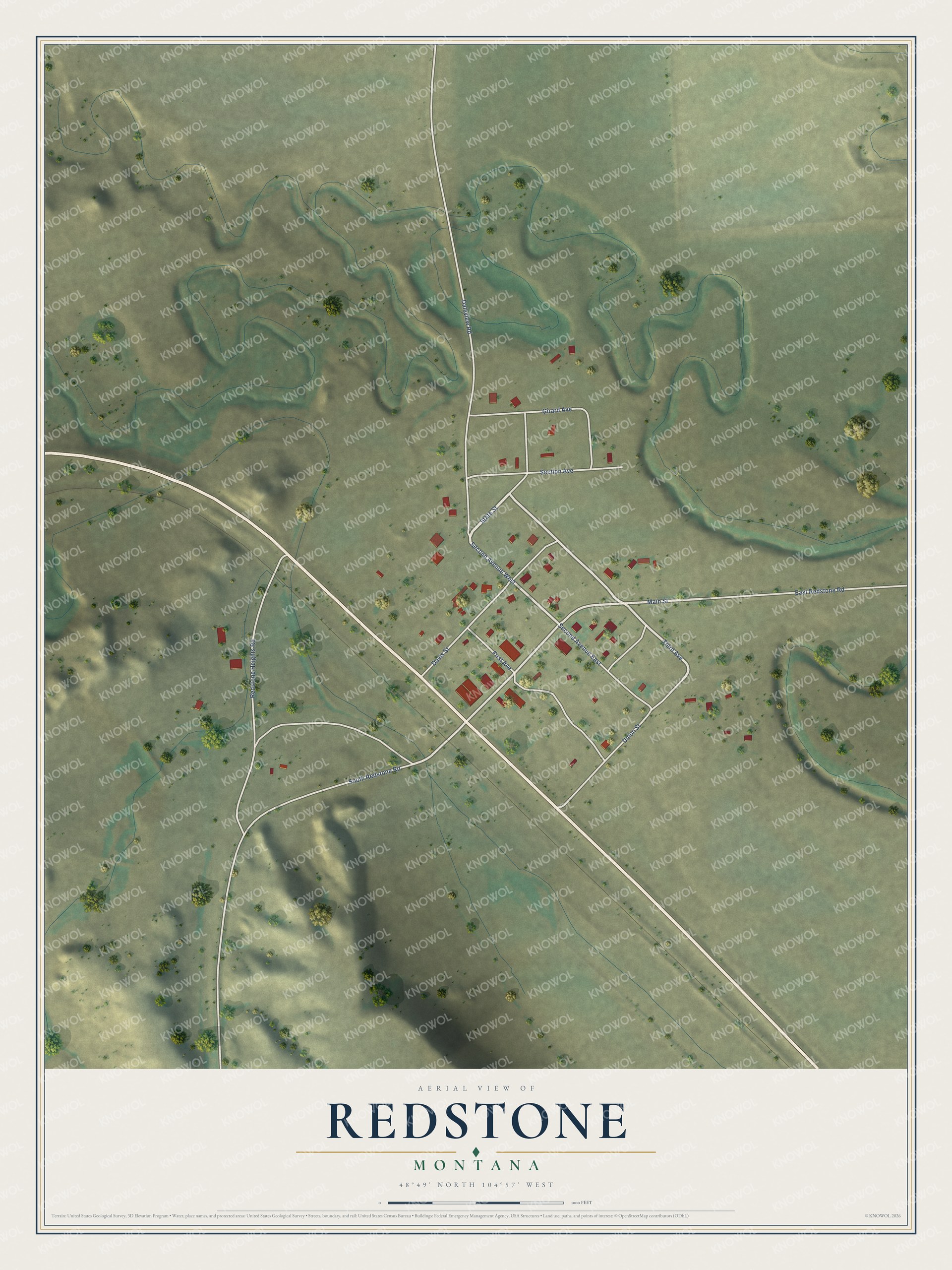 Full map of Redstone, Montana, with red buildings, printed street names and the land around them
