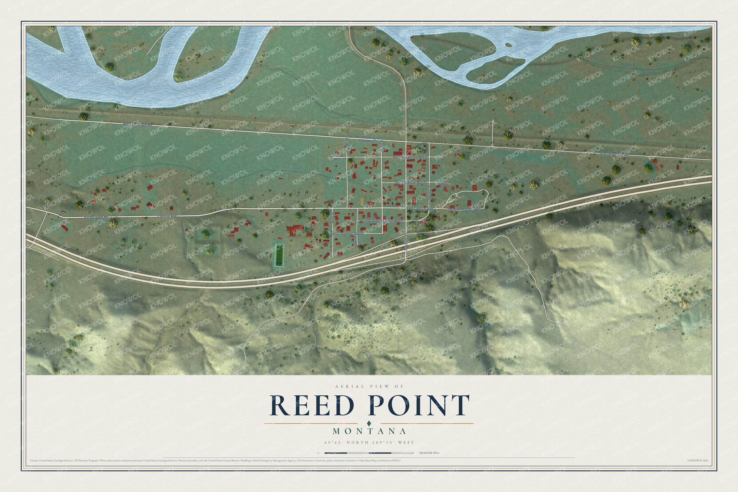 Full map of Reed Point, Montana, with red buildings, printed street names and the land around them