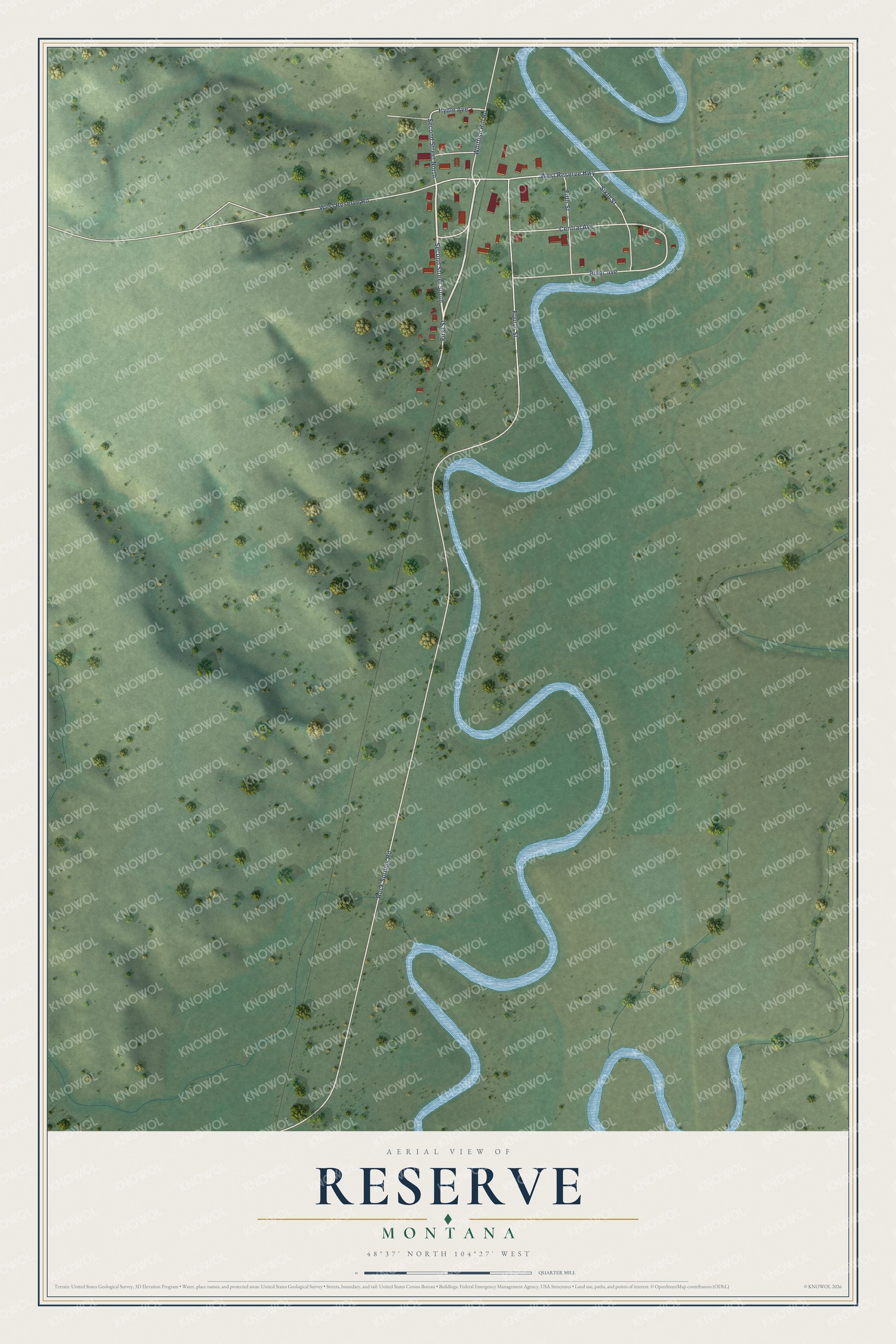 Full map of Reserve, Montana, with red buildings, printed street names and the land around them