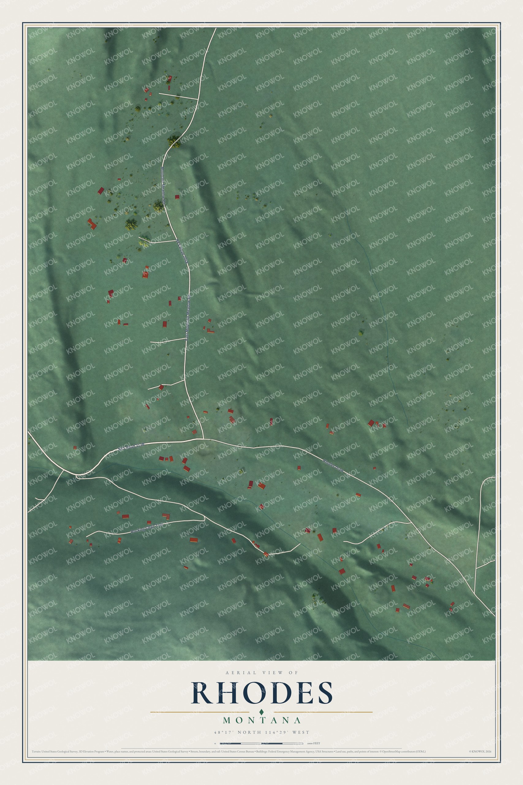 Full map of Rhodes, Montana, with red buildings, printed street names and the land around them