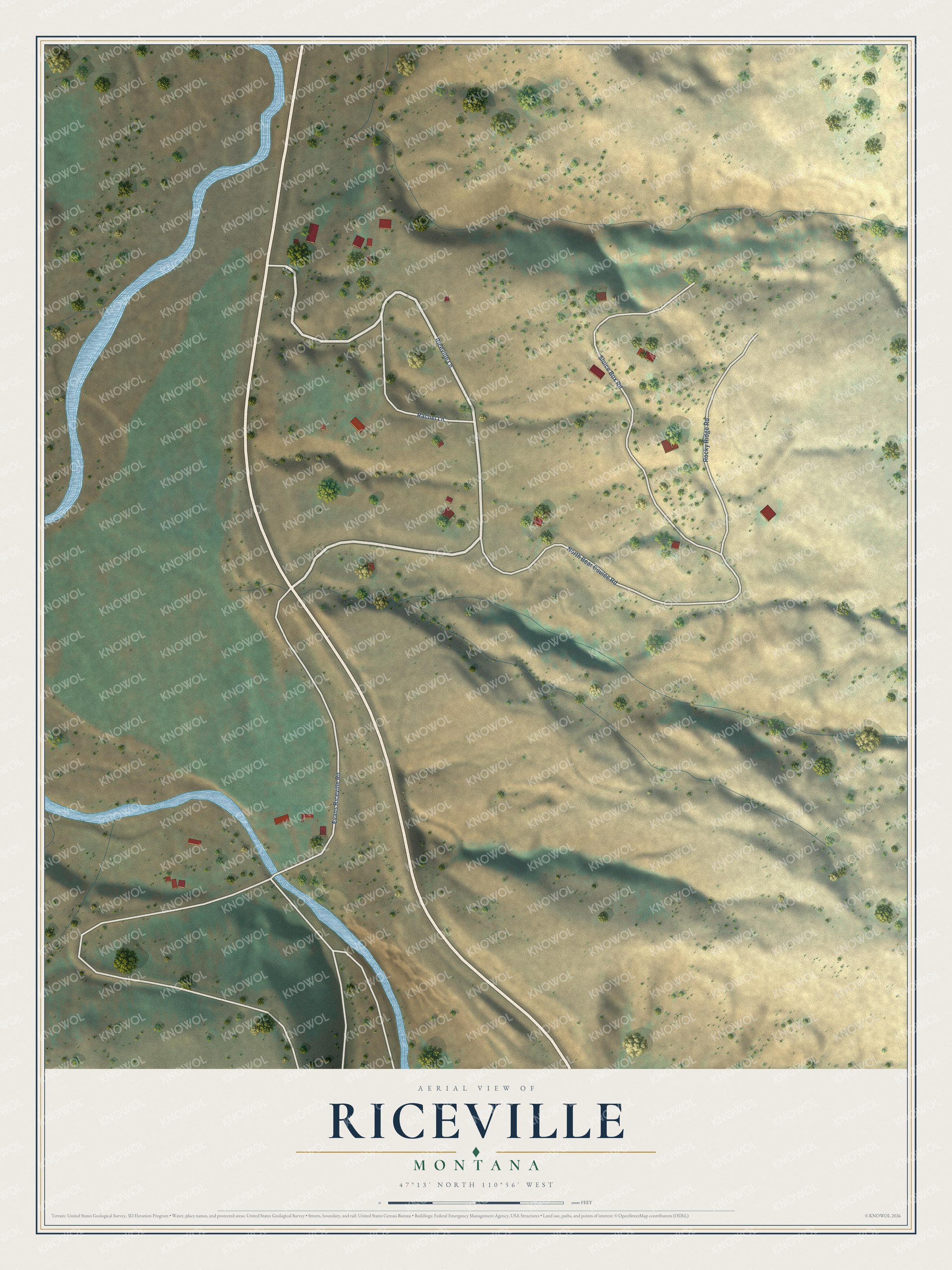 Full map of Riceville, Montana, with red buildings, printed street names and the land around them