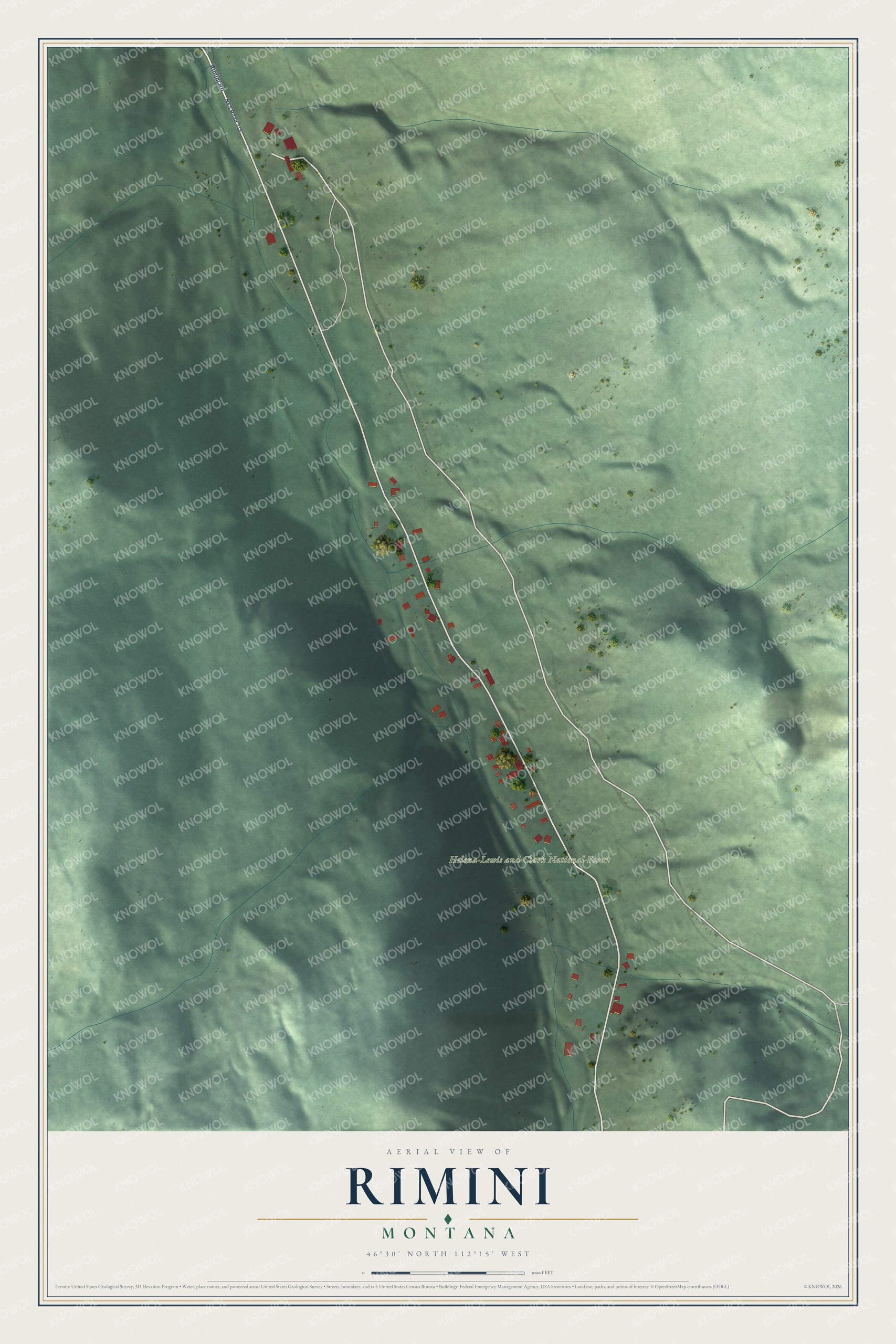 Full map of Rimini, Montana, with red buildings, printed street names and the land around them