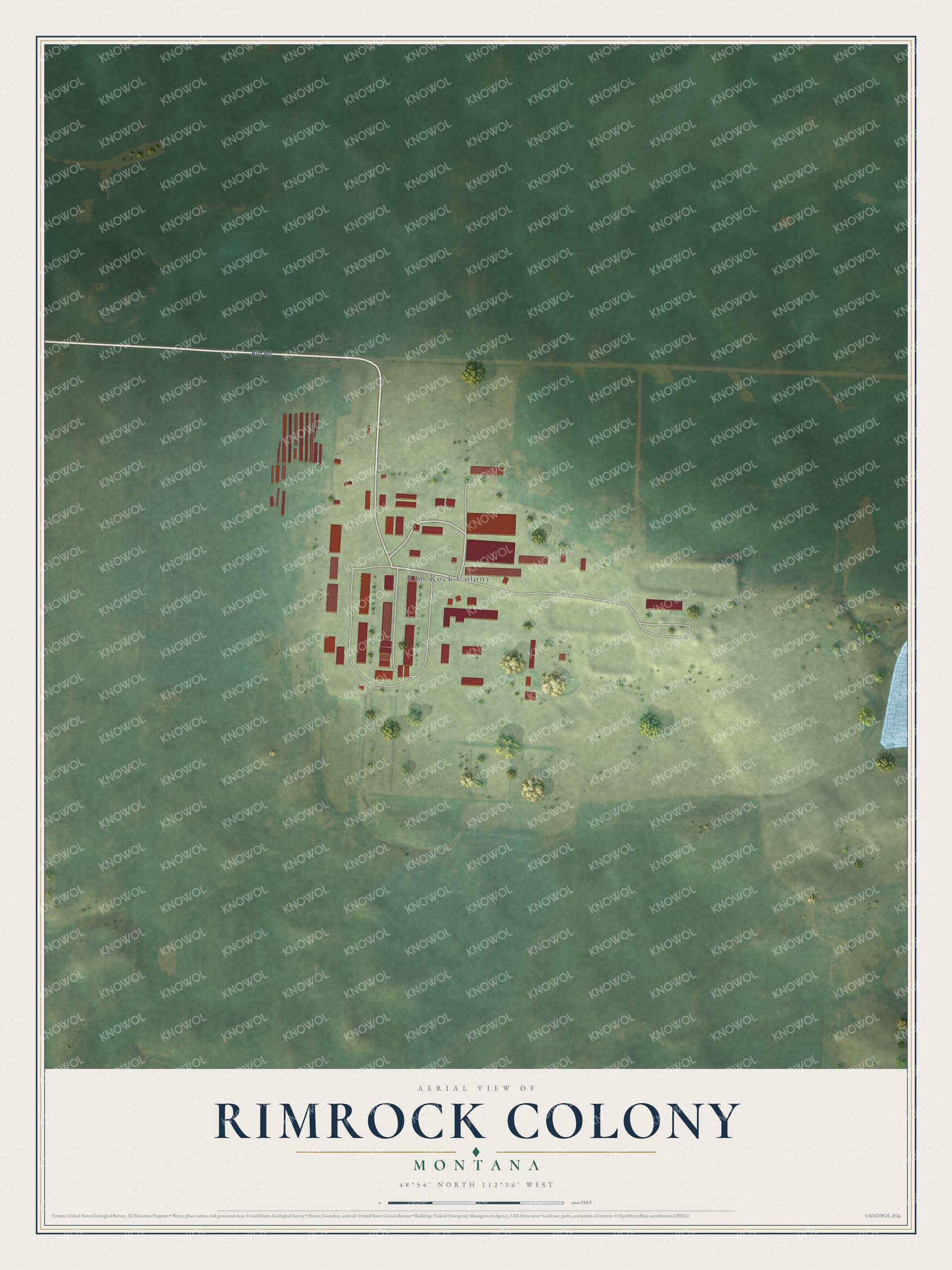 Full map of Rimrock Colony, Montana, with red buildings, printed street names and the land around them
