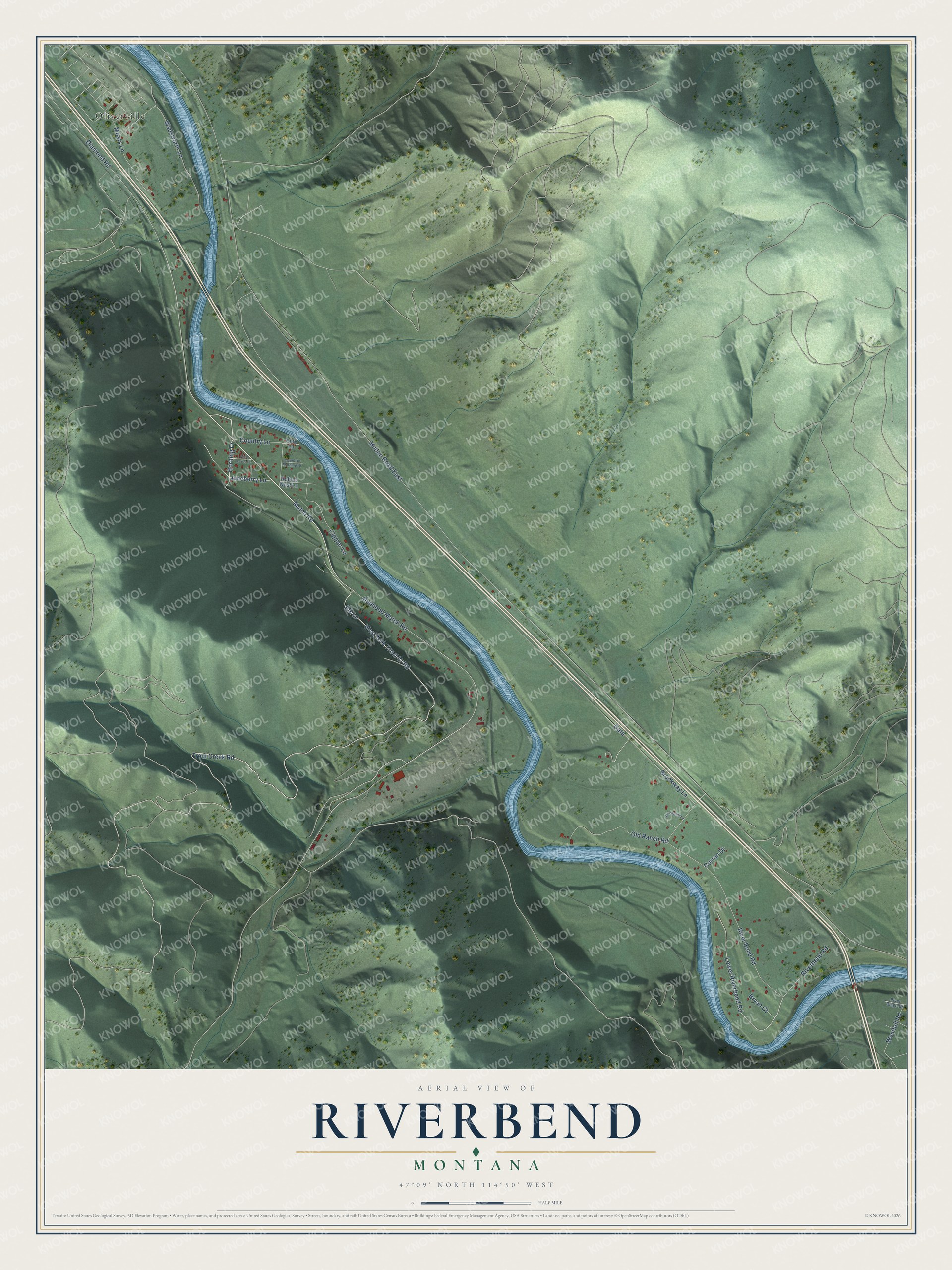 Full map of Riverbend, Montana, with red buildings, printed street names and the land around them