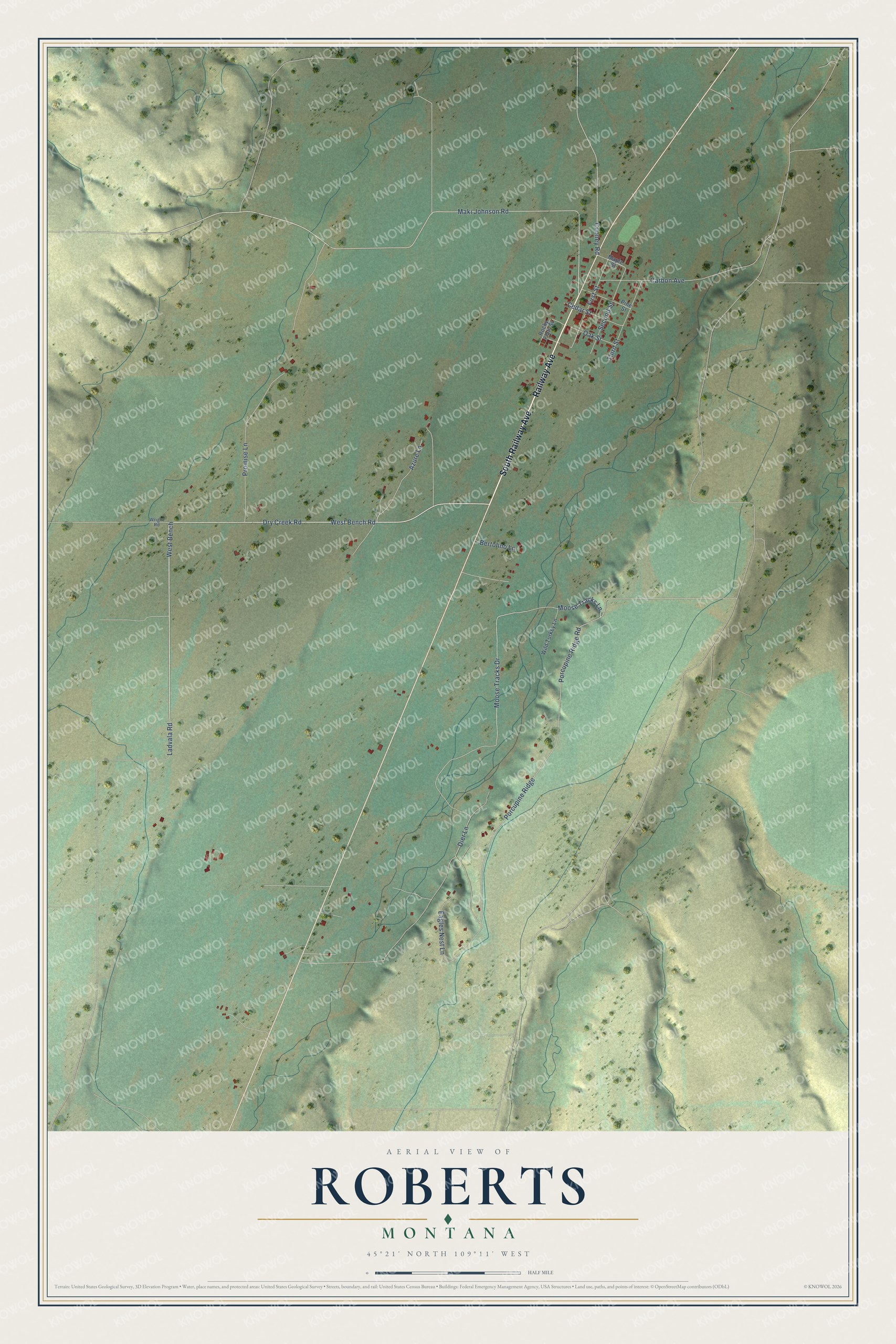 Full map of Roberts, Montana, with red buildings, printed street names and the land around them
