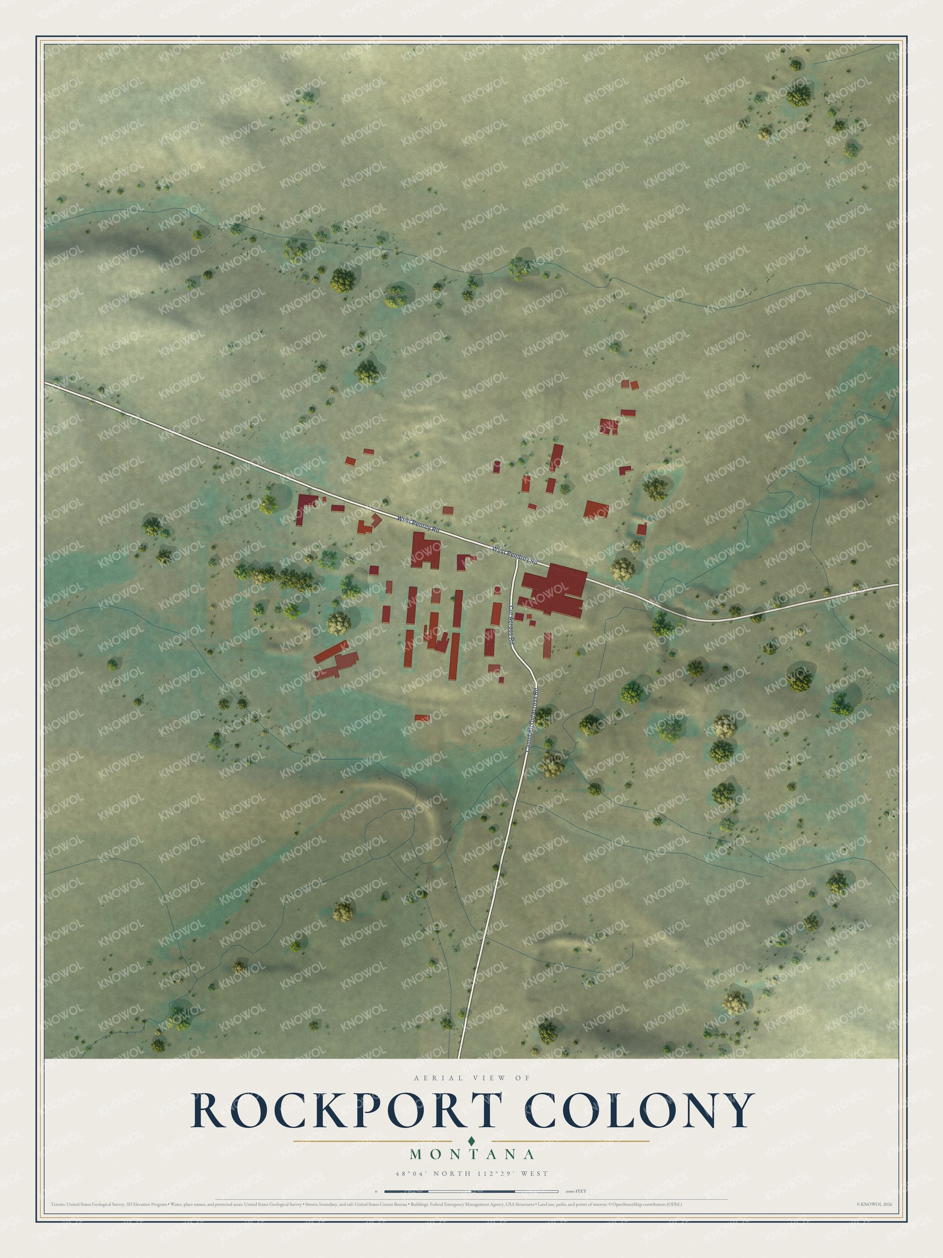 Full map of Rockport Colony, Montana, with red buildings, printed street names and the land around them