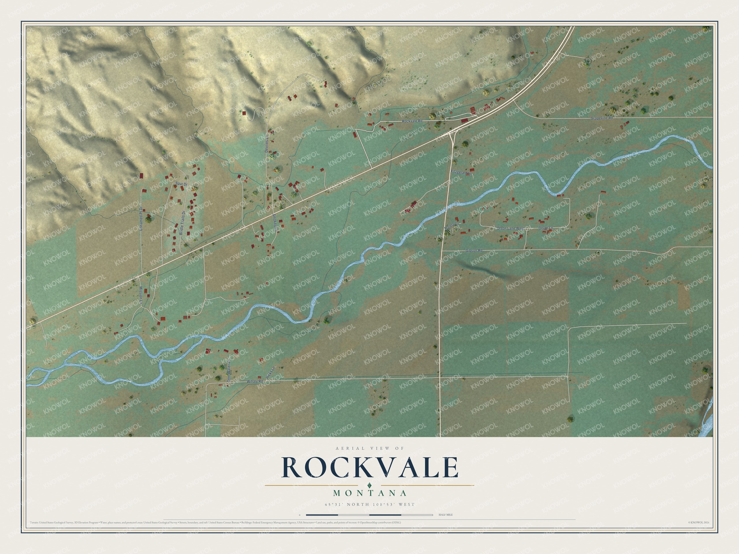 Full map of Rockvale, Montana, with red buildings, printed street names and the land around them