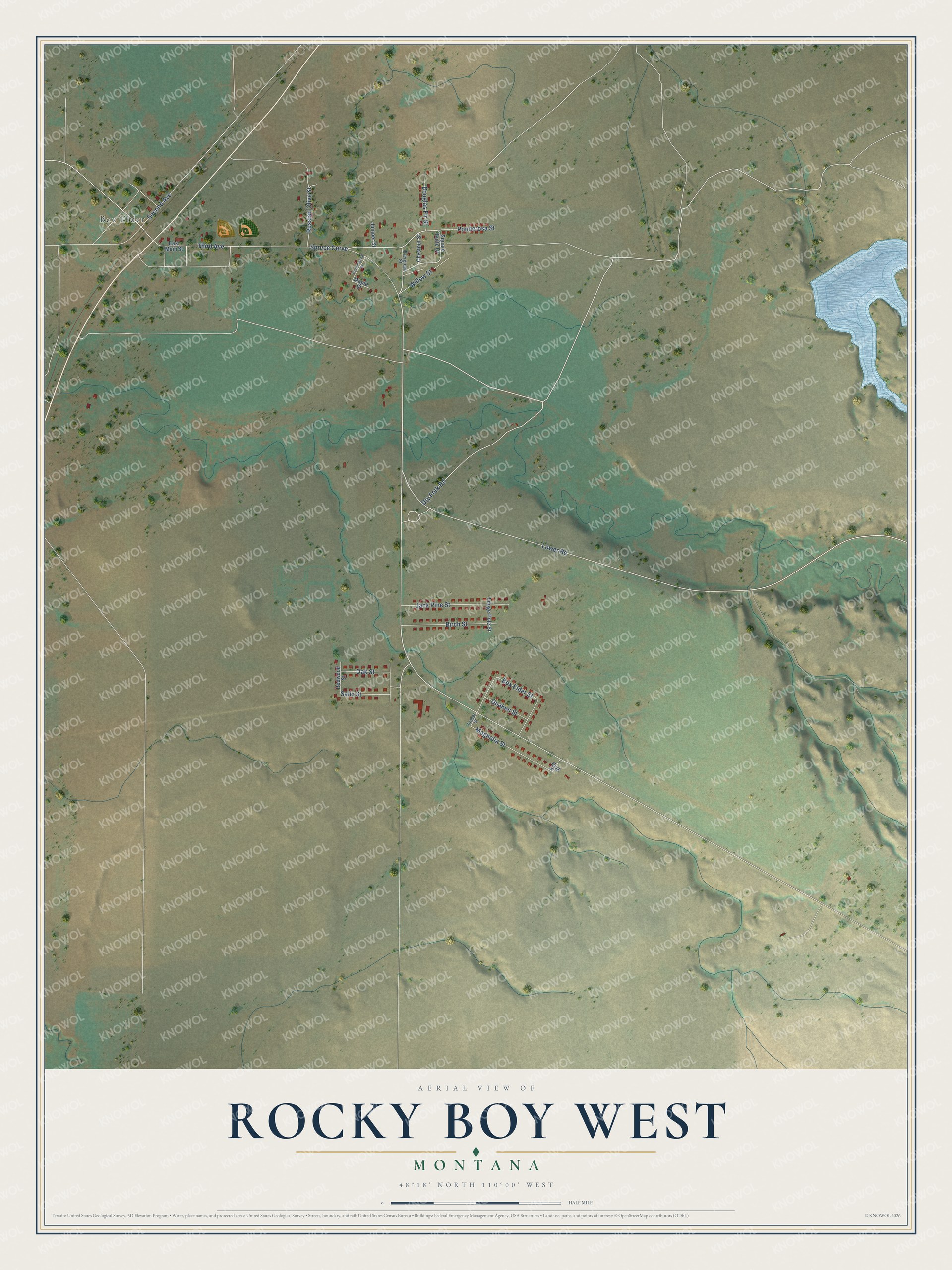 Full map of Rocky Boy West, Montana, with red buildings, printed street names and the land around them